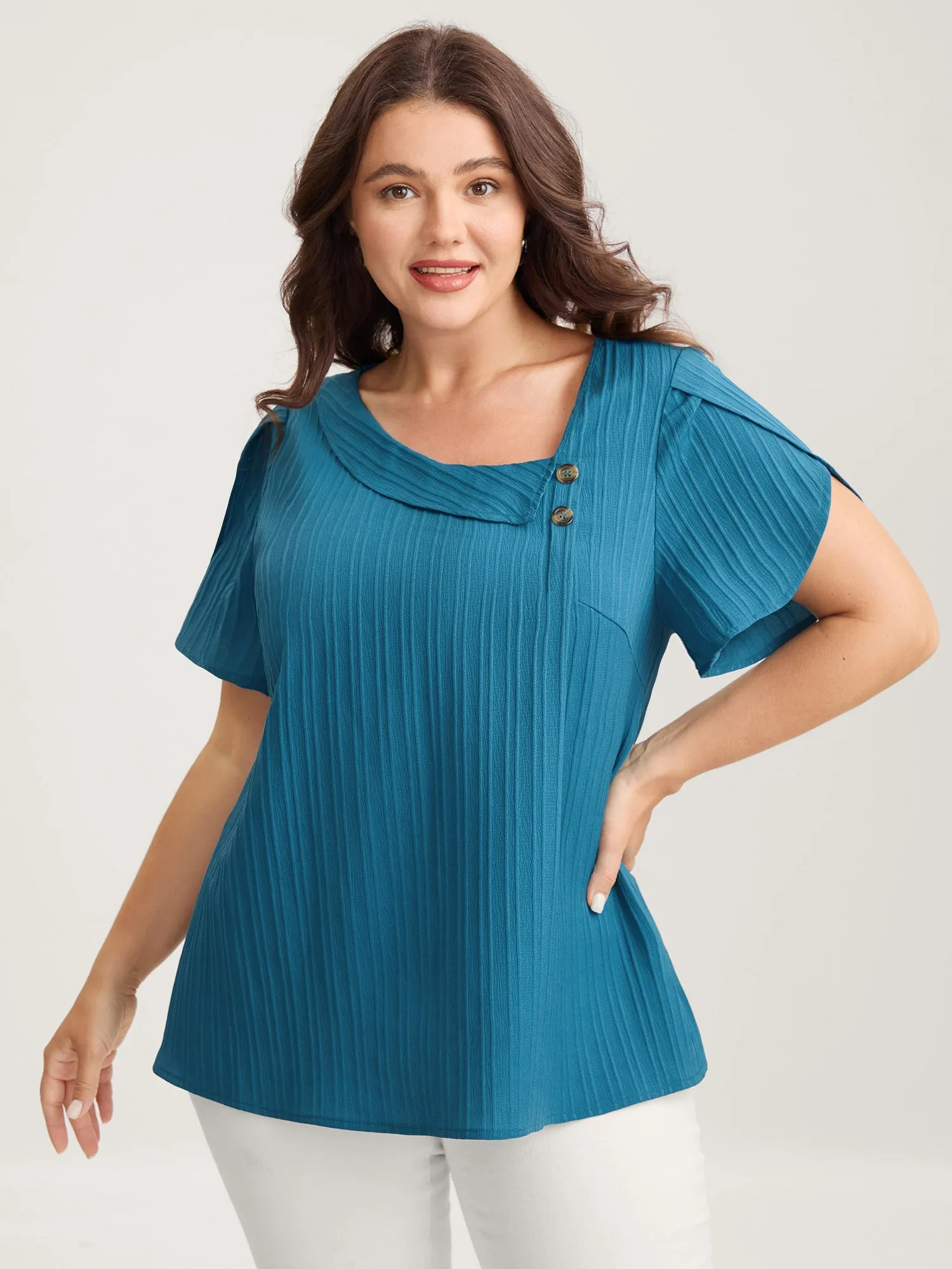 Textured Petal Sleeve Asymmetrical Neck Blouse sold by Bloomchic