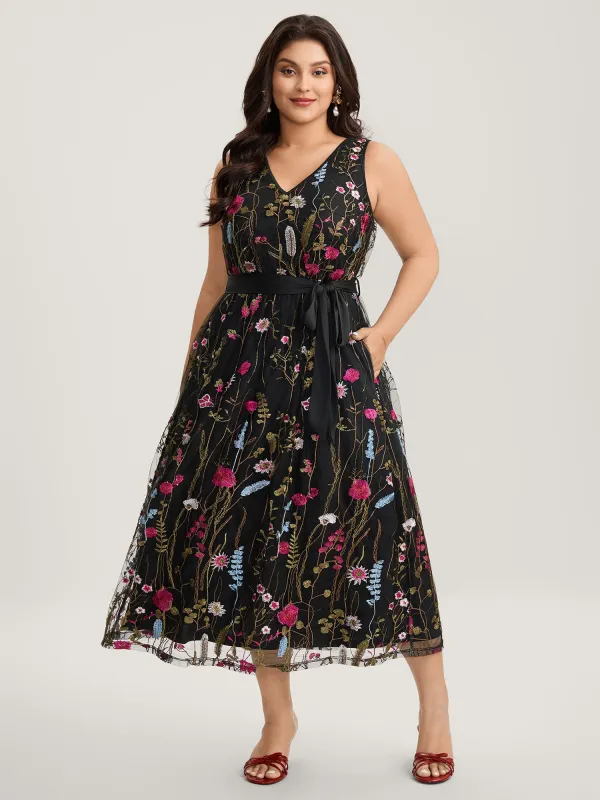 Floral Embroidery Belted Midi Dress sold by Bloomchic