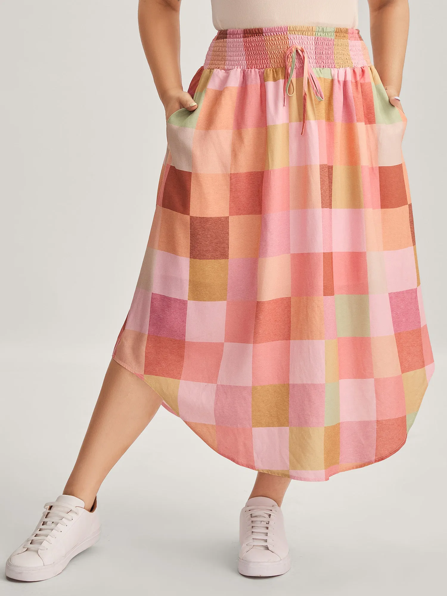 Colorful Patchwork Shirred Waist Midi Skirt sold by Bloomchic