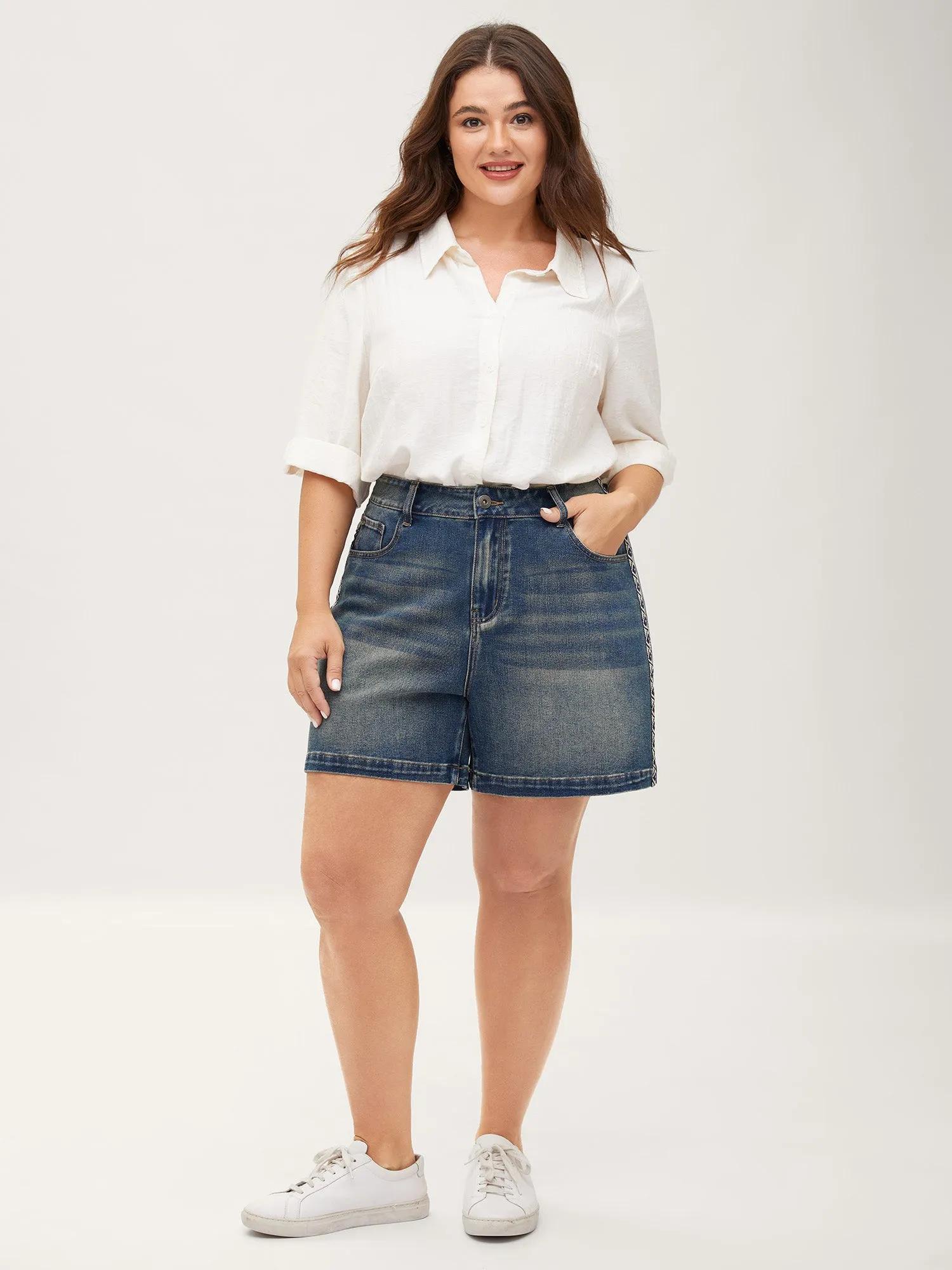 Lace Trim Classic Cut Denim Shorts sold by Bloomchic product image thumbnail 5