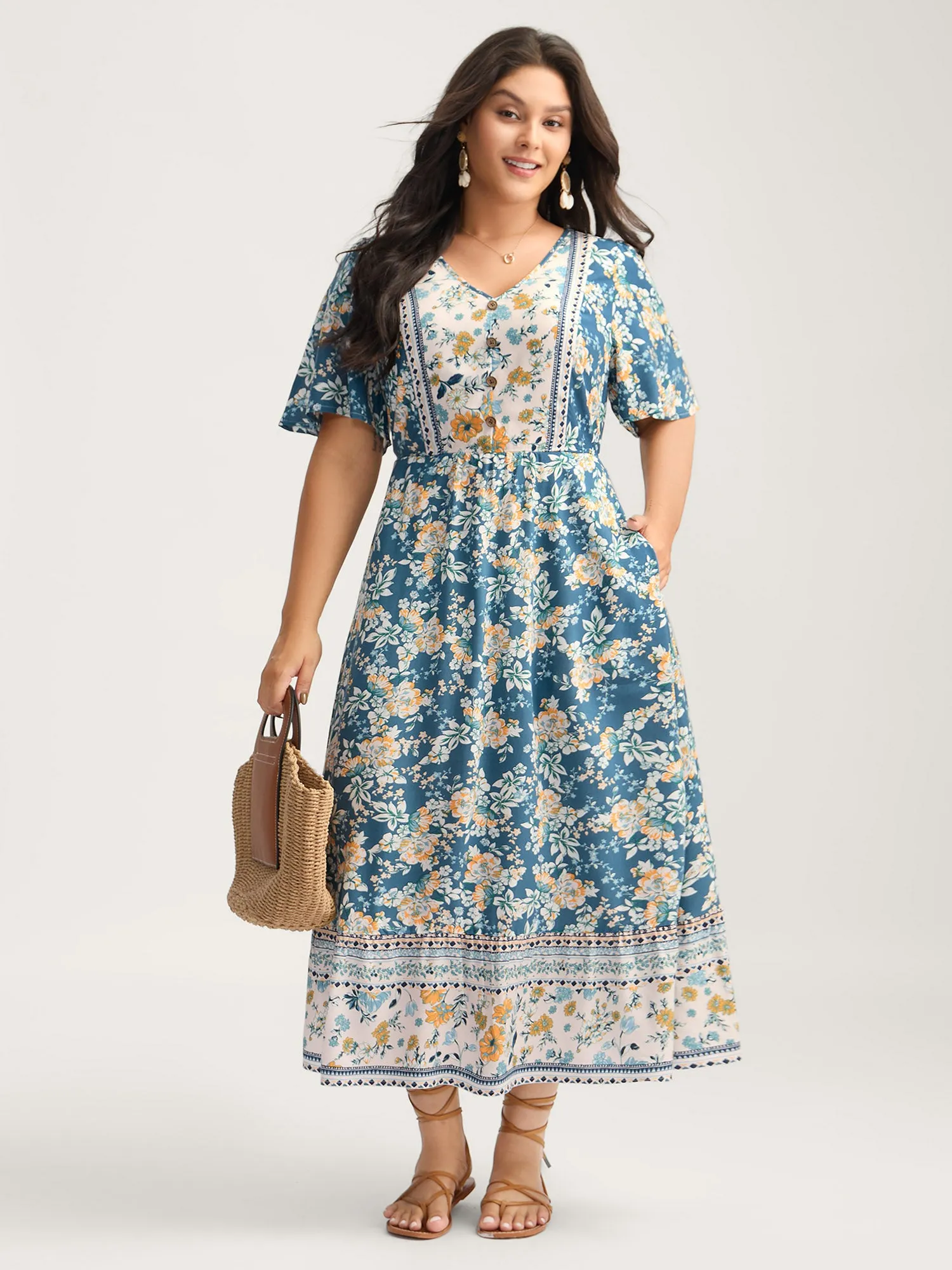 Floral Contrast Button V-Neck Midi Dress sold by Bloomchic product image thumbnail 3