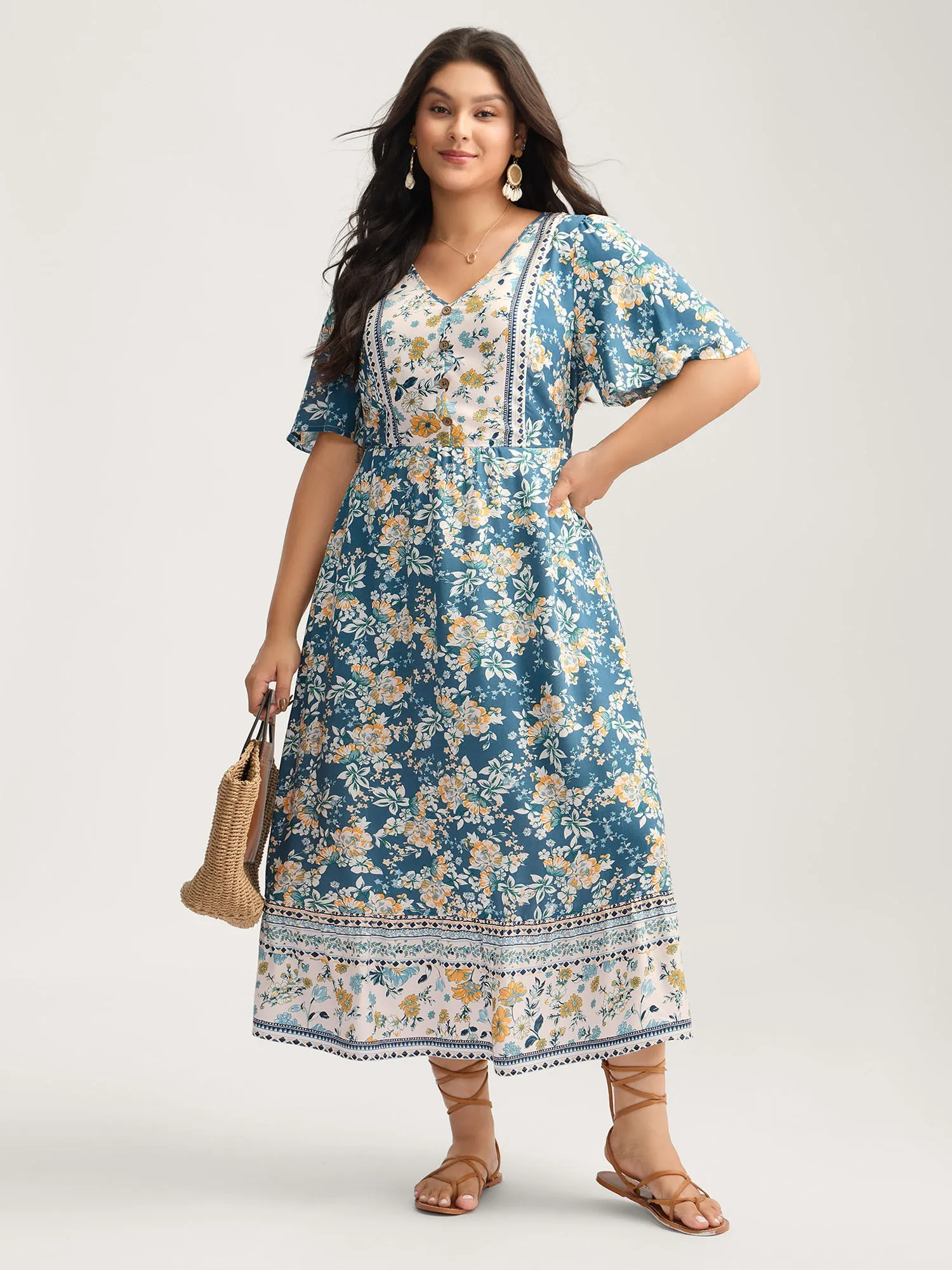 Floral Contrast Button V-Neck Midi Dress sold by Bloomchic