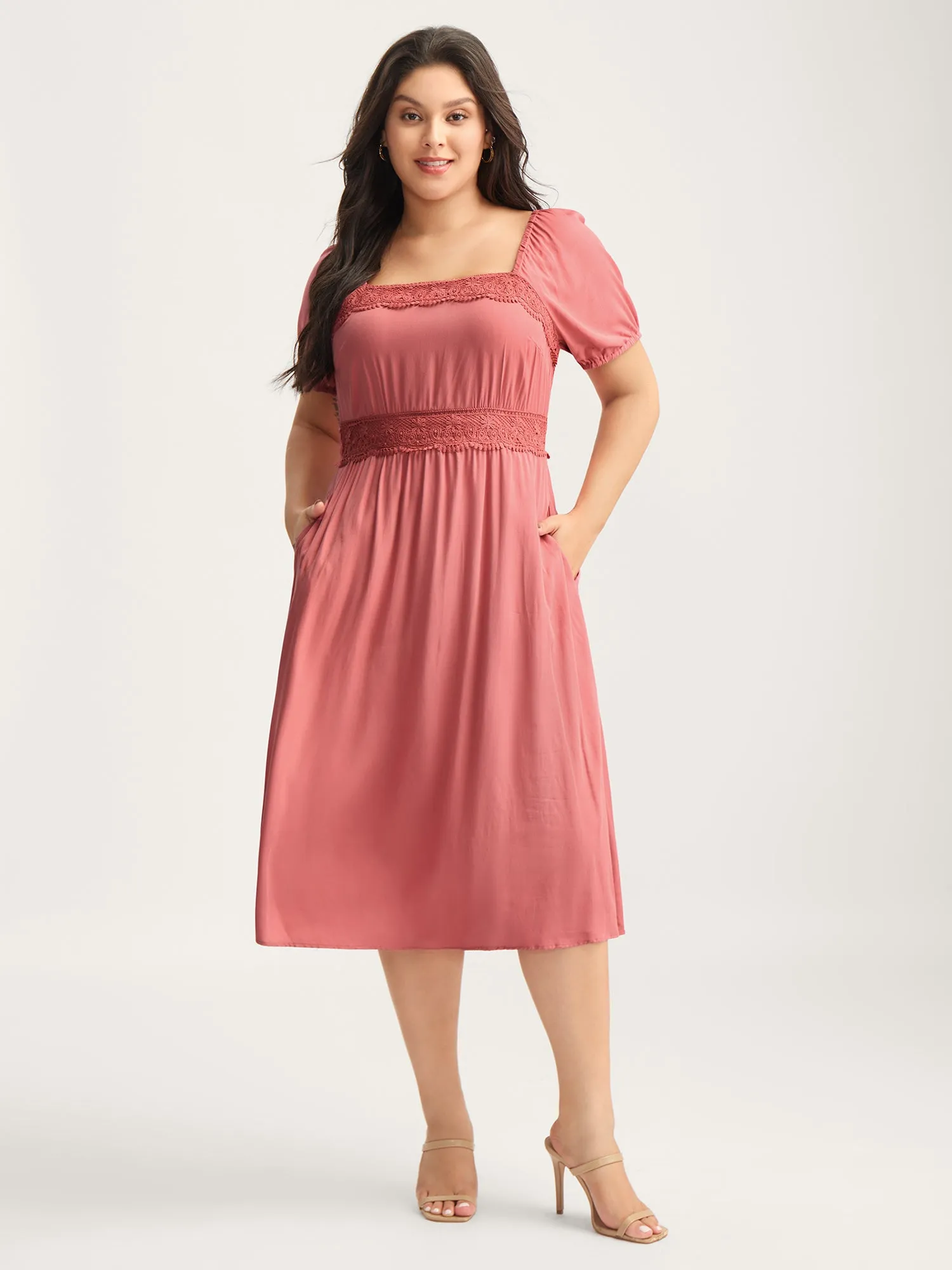 Lace Trim Stretchy Waist Pockets Midi Dress sold by Bloomchic product image thumbnail 3