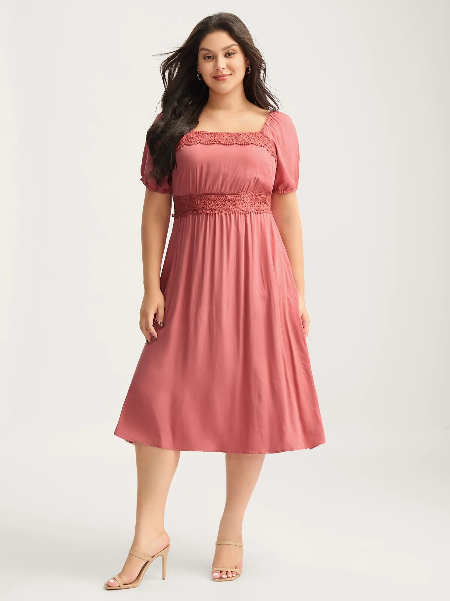 Lace Trim Stretchy Waist Pockets Midi Dress sold by Bloomchic