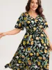 Citrus Print Overlap Neck Shirred Midi Dress sold by Bloomchic