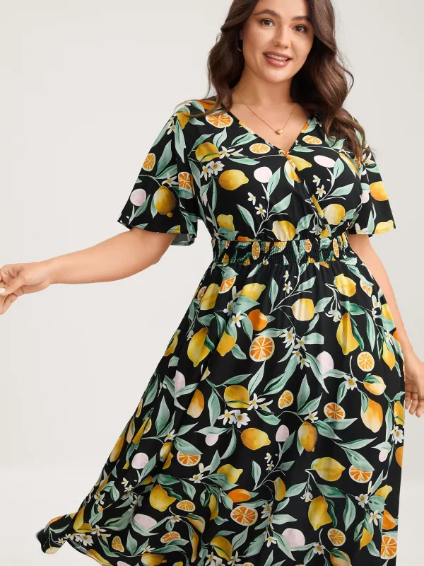 Citrus Print Overlap Neck Shirred Midi Dress sold by Bloomchic