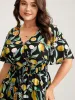 Citrus Print Overlap Neck Shirred Midi Dress sold by Bloomchic