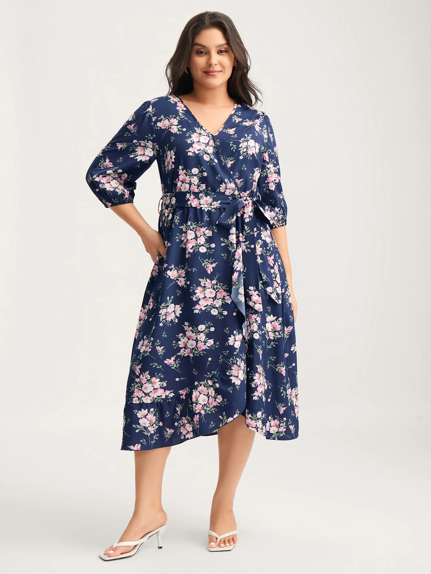 Floral Print Belted Wrap Hem Midi Dress sold by Bloomchic product image thumbnail 3