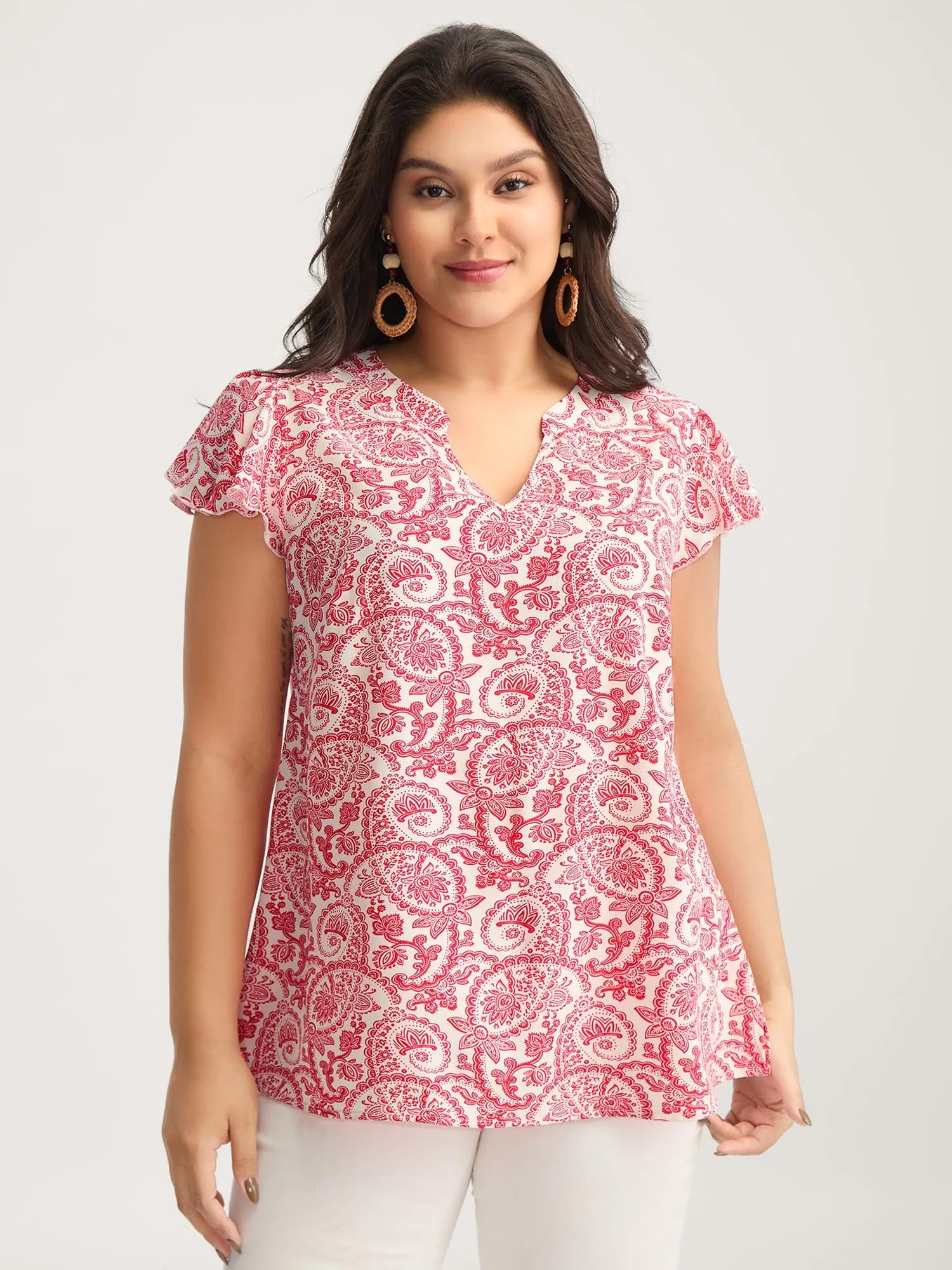 Paisley Print Notched Collar Blouse sold by Bloomchic