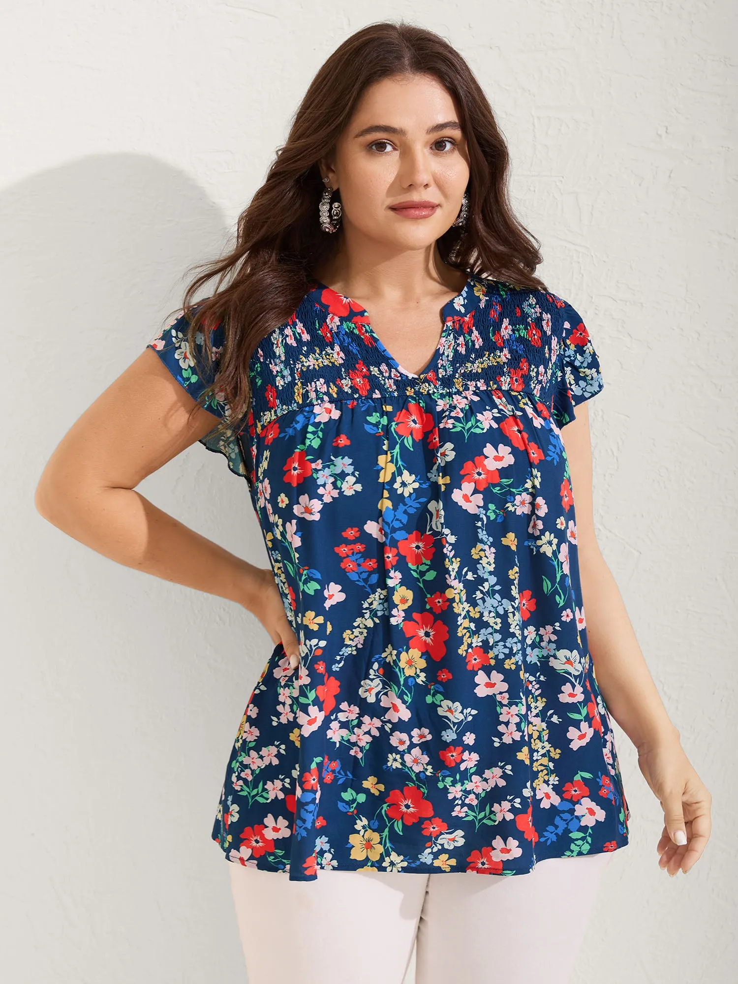 Rayon Playful Floral Shirred Blouse sold by Bloomchic