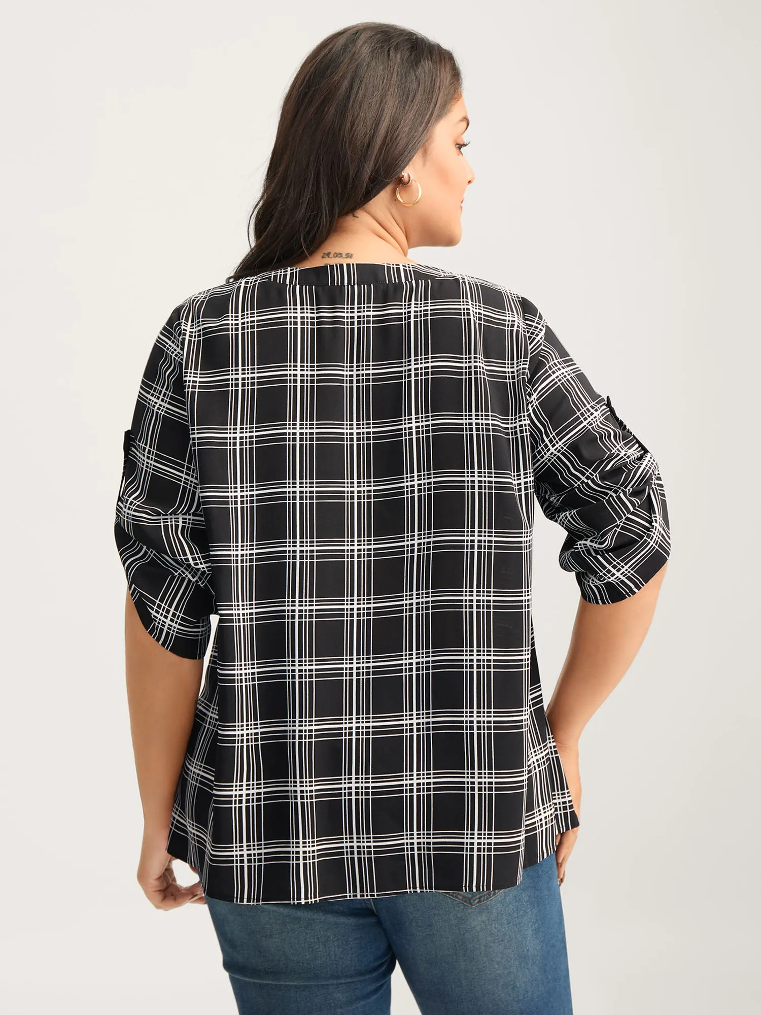Plaid Print Tab Sleeve Notched Blouse sold by Bloomchic product image thumbnail 4