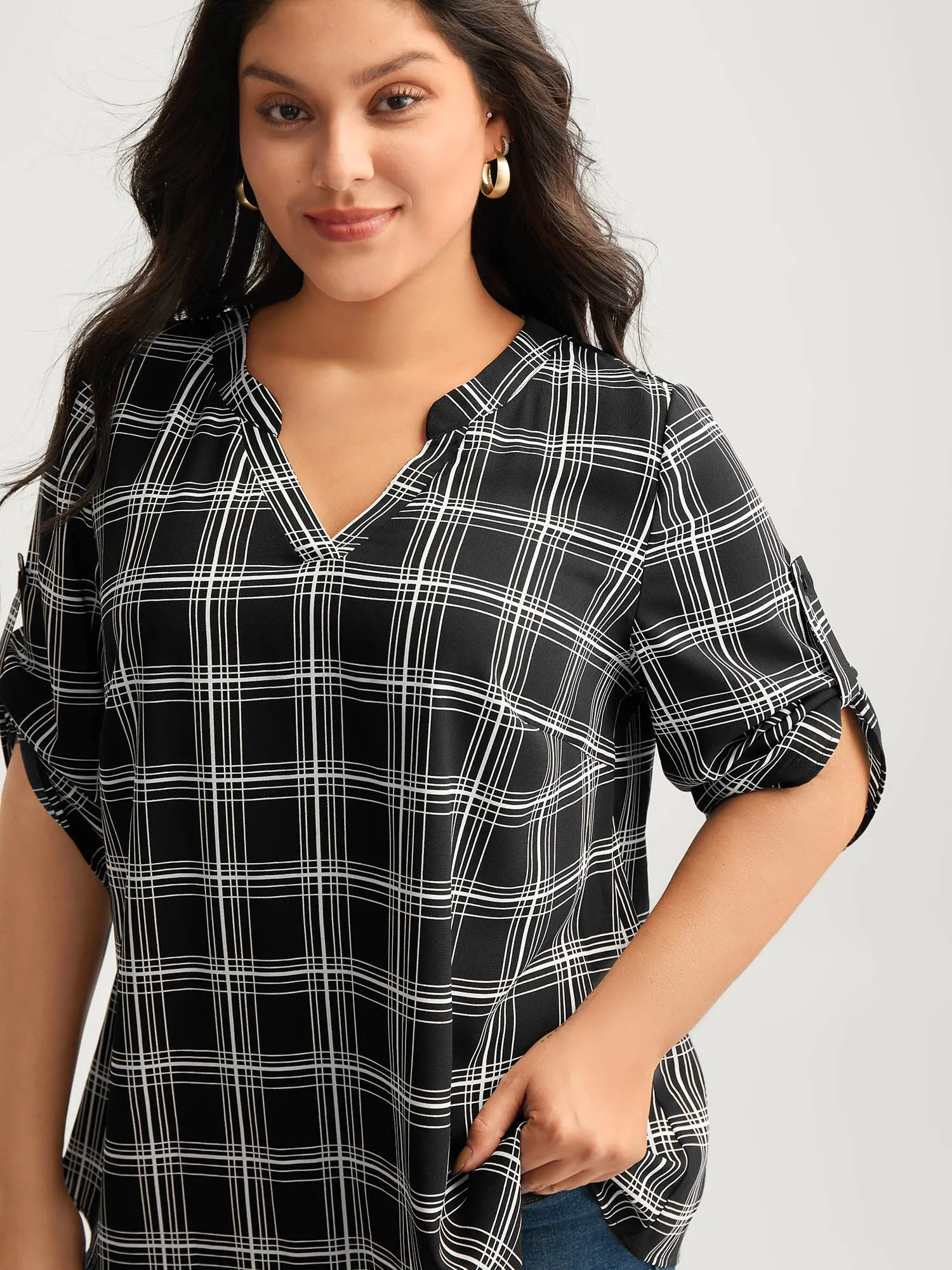 Plaid Print Tab Sleeve Notched Blouse sold by Bloomchic