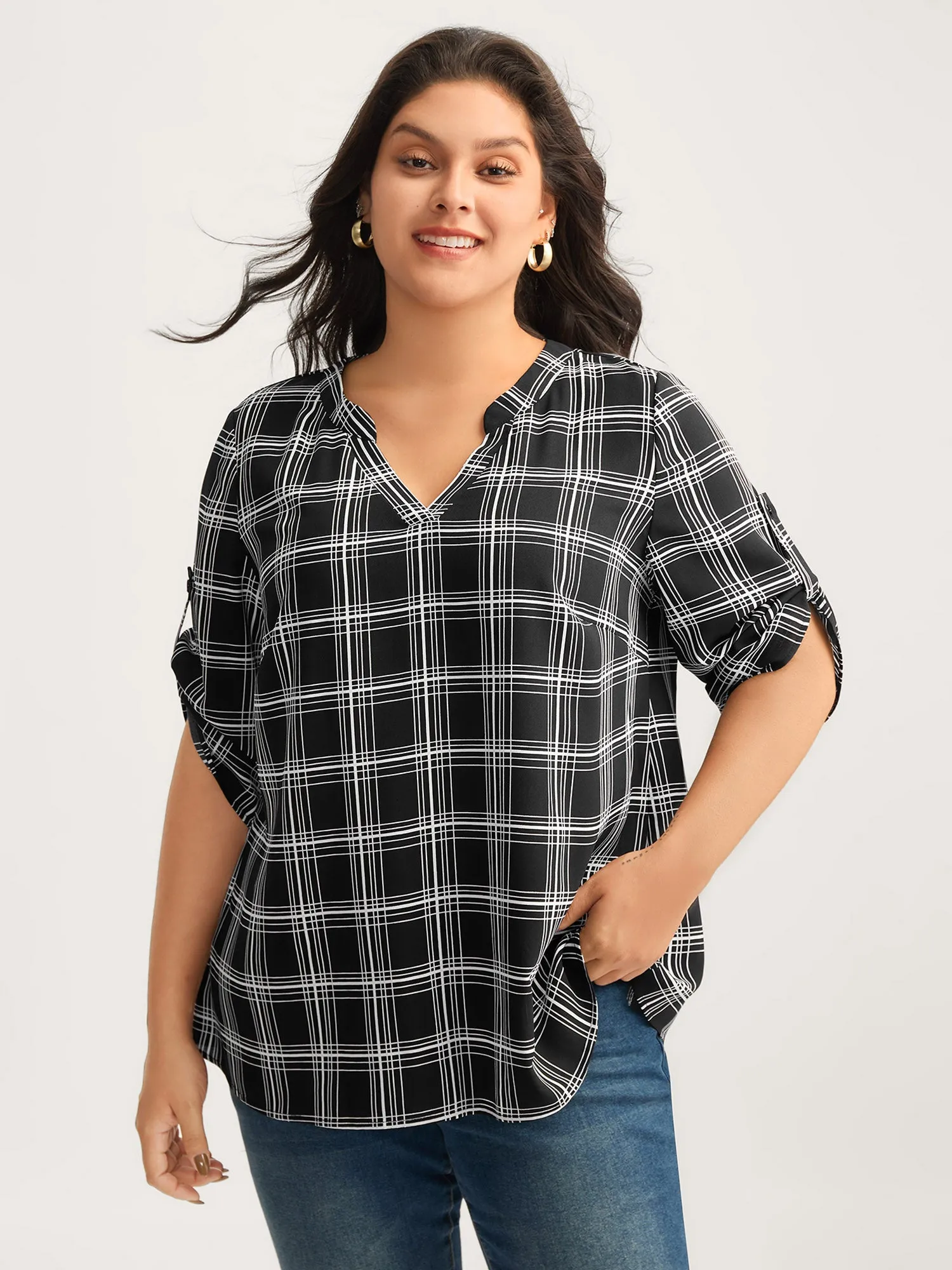 Plaid Print Tab Sleeve Notched Blouse sold by Bloomchic product image thumbnail 2