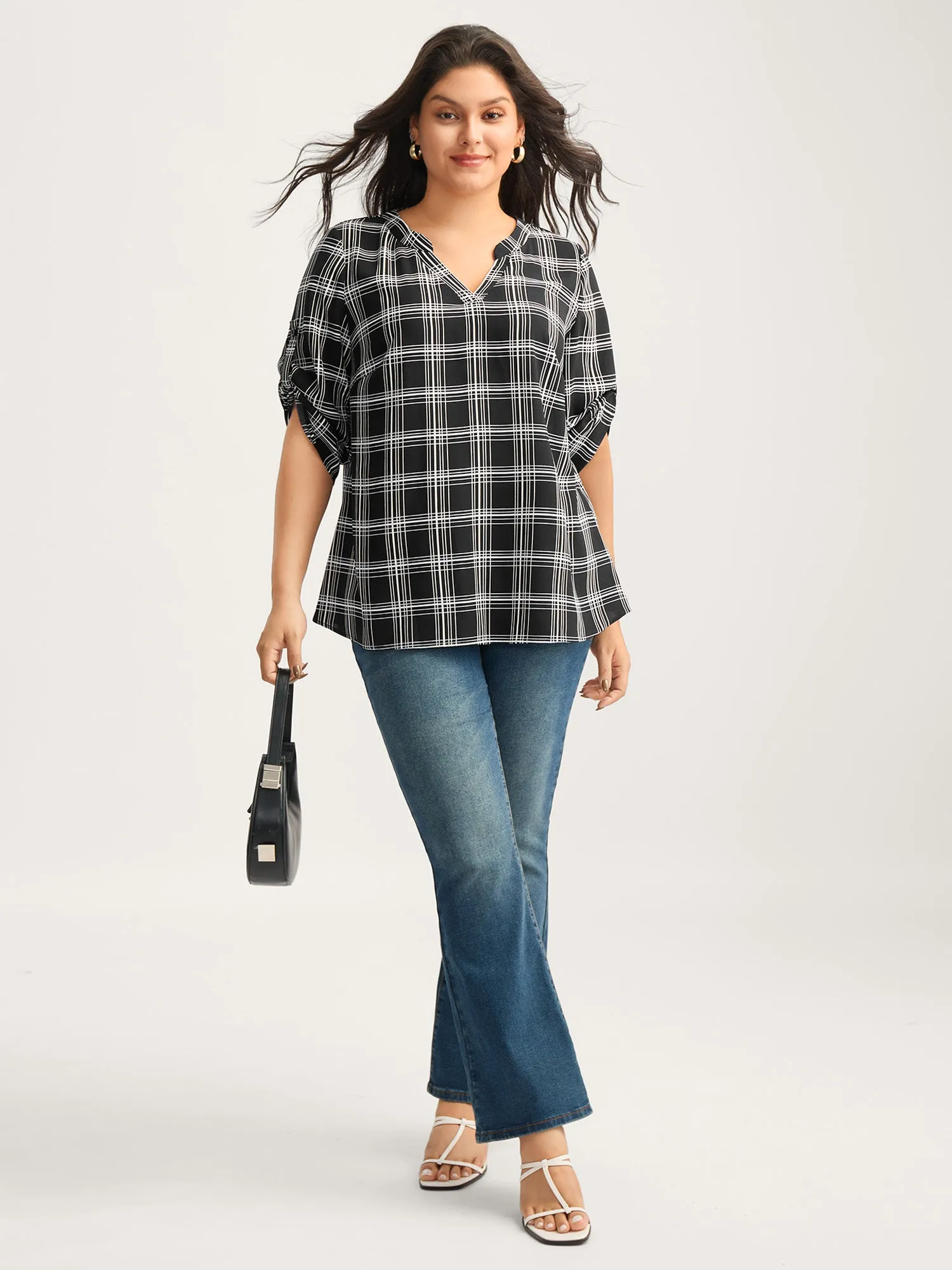 Plaid Print Tab Sleeve Notched Blouse sold by Bloomchic product image thumbnail 3