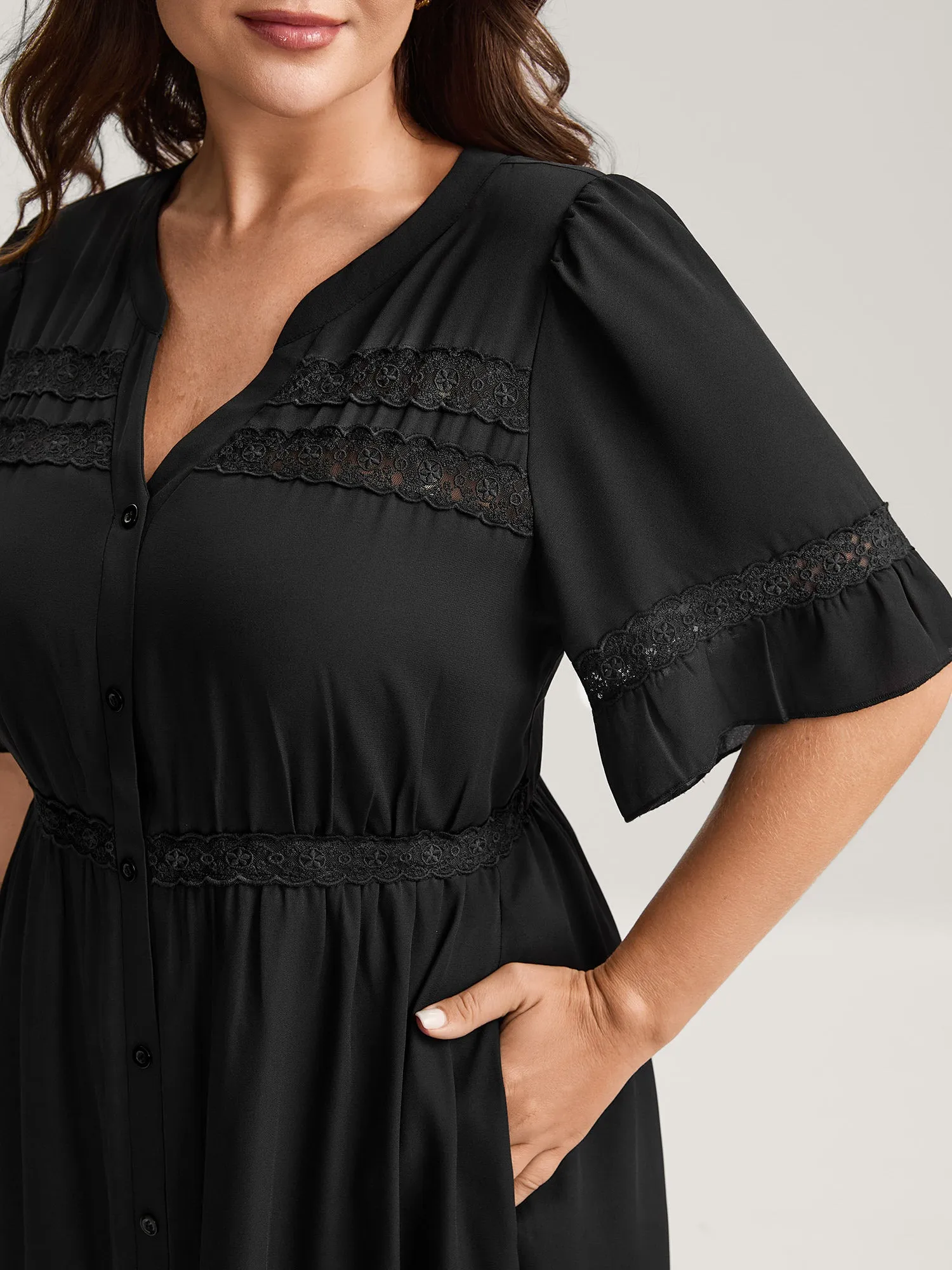 Lace Trim Button Placket Midi Dress sold by Bloomchic