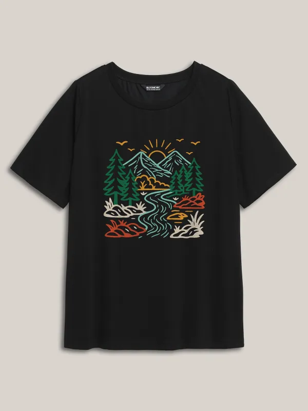 Mountain View Print Round Neck T-Shirt sold by Bloomchic