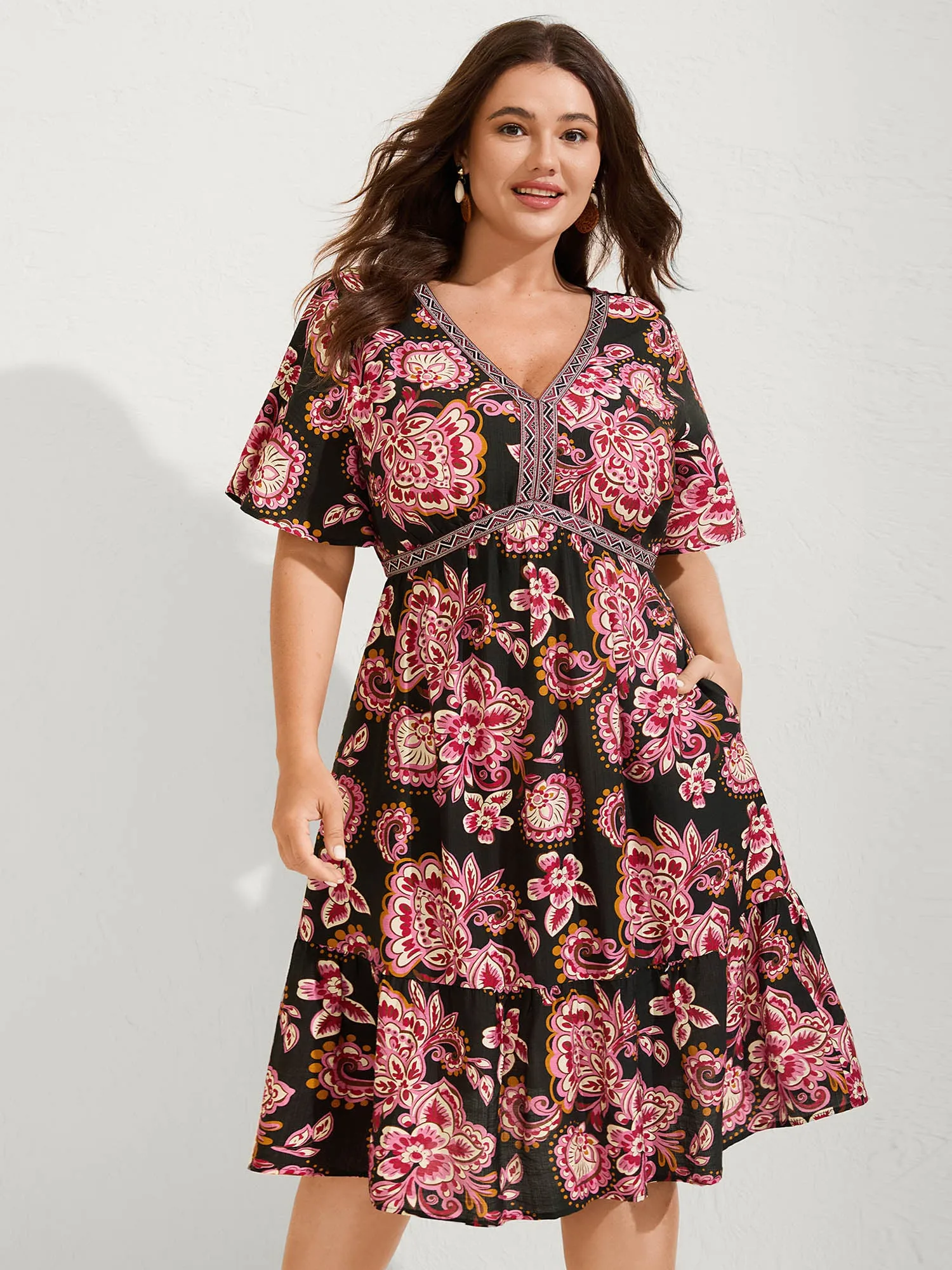 Paisley Print Stretchy Waist Pockets Midi Dress sold by Bloomchic