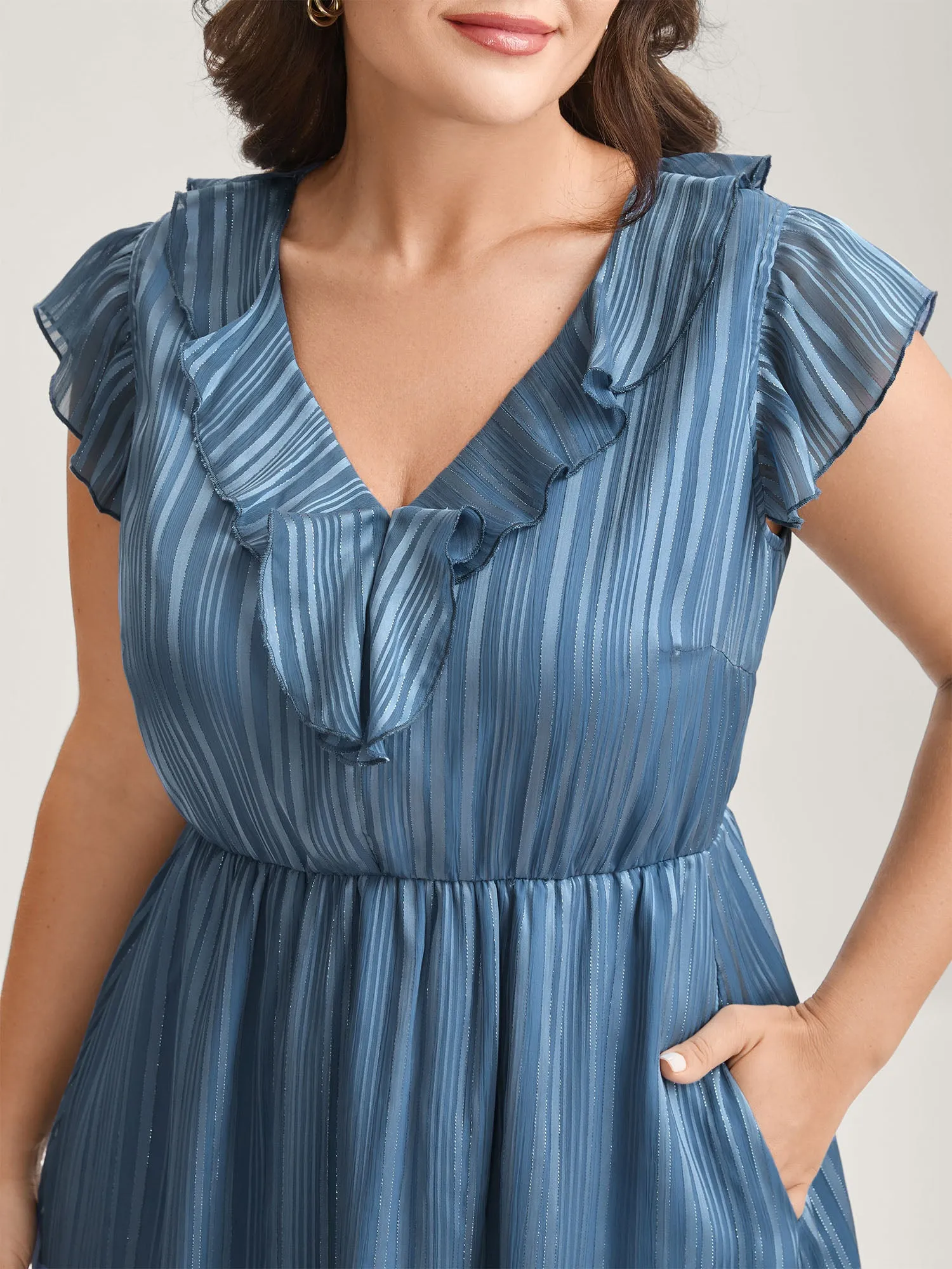 Textured Stripe Ruffled Neck Midi Dress sold by Bloomchic product image thumbnail 2