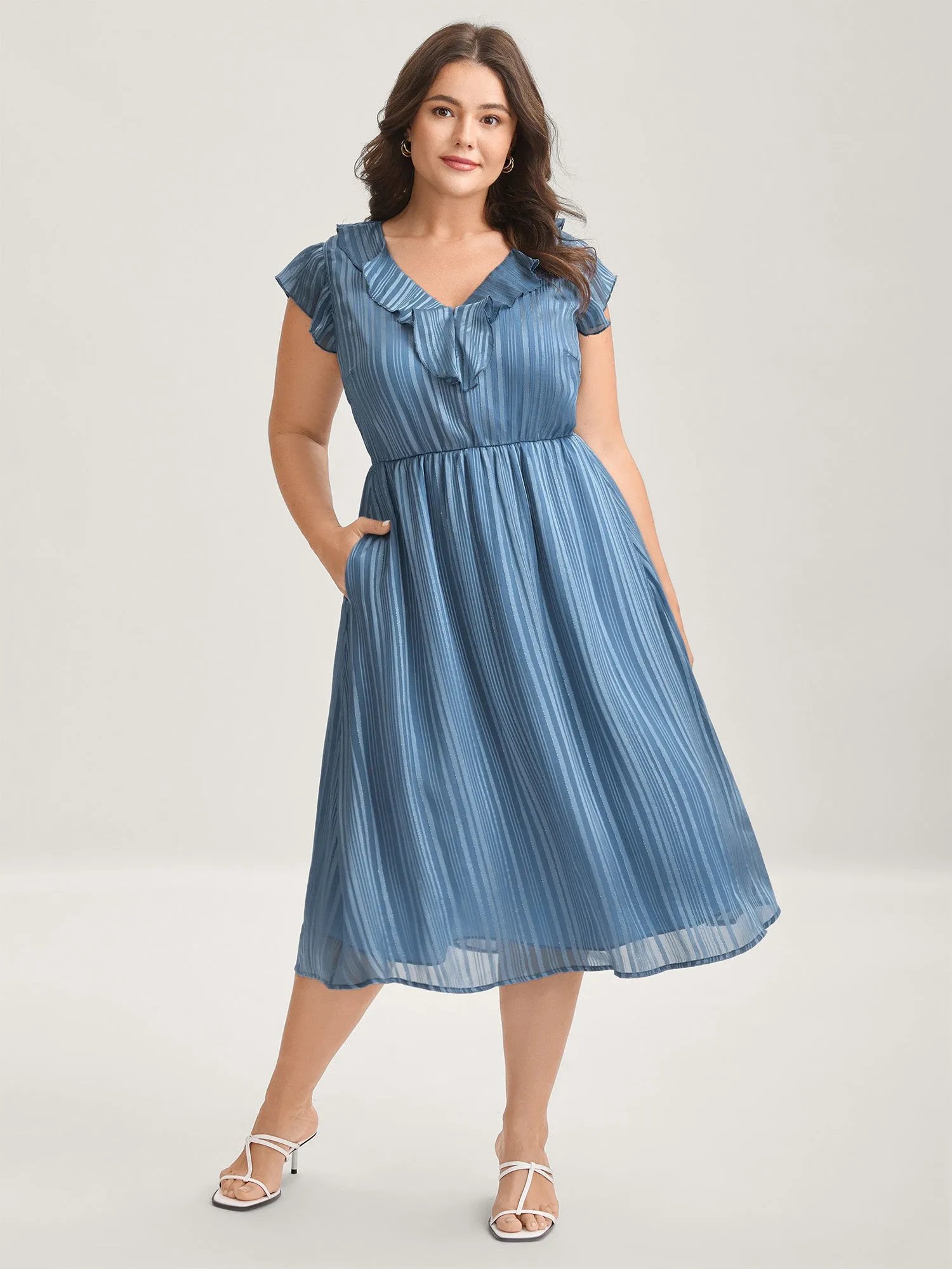 Textured Stripe Ruffled Neck Midi Dress sold by Bloomchic product image thumbnail 3