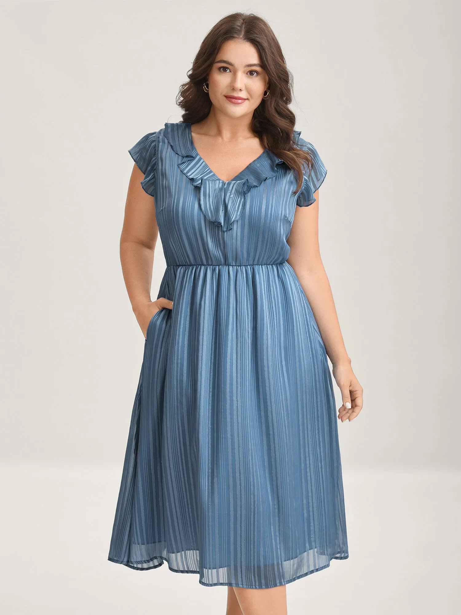 Textured Stripe Ruffled Neck Midi Dress sold by Bloomchic