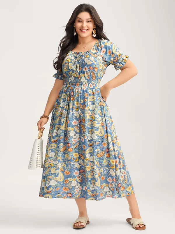 Rayon Paisley Ruffled Shirred Waist Midi Dress sold by Bloomchic