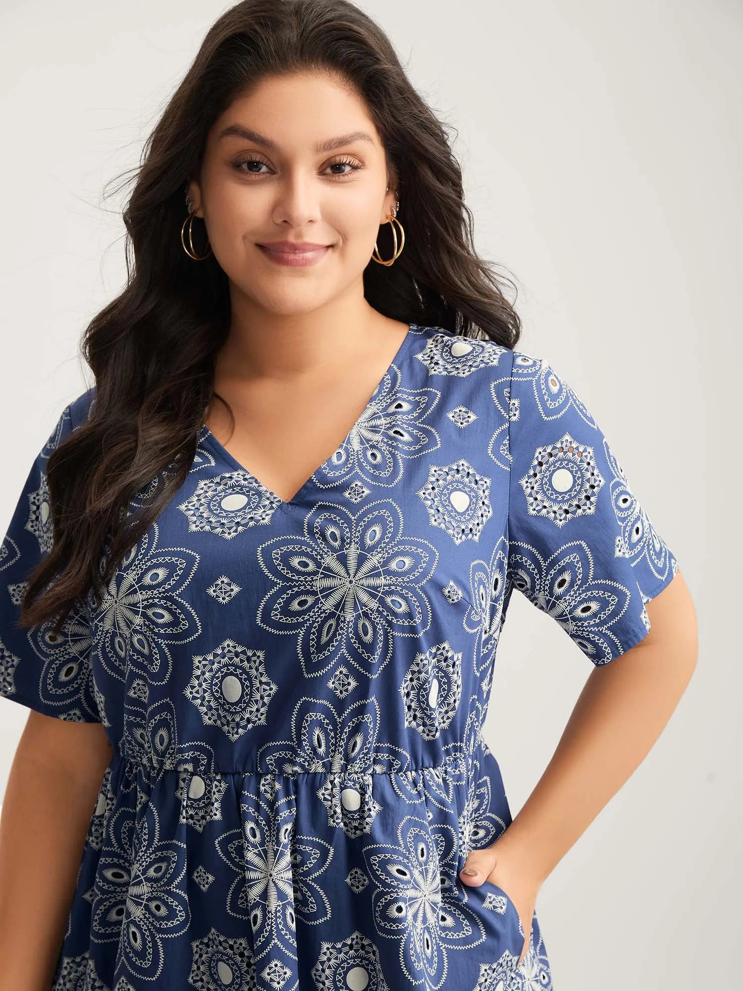 Cotton Large Floral Print Textured Pockets Midi Dress sold by Bloomchic product image thumbnail 2
