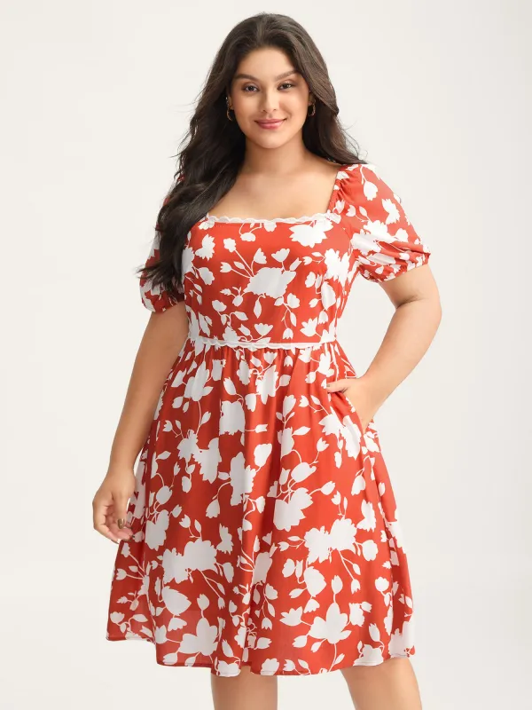 Rayon Lace Trim Square Neck Midi Dress sold by Bloomchic
