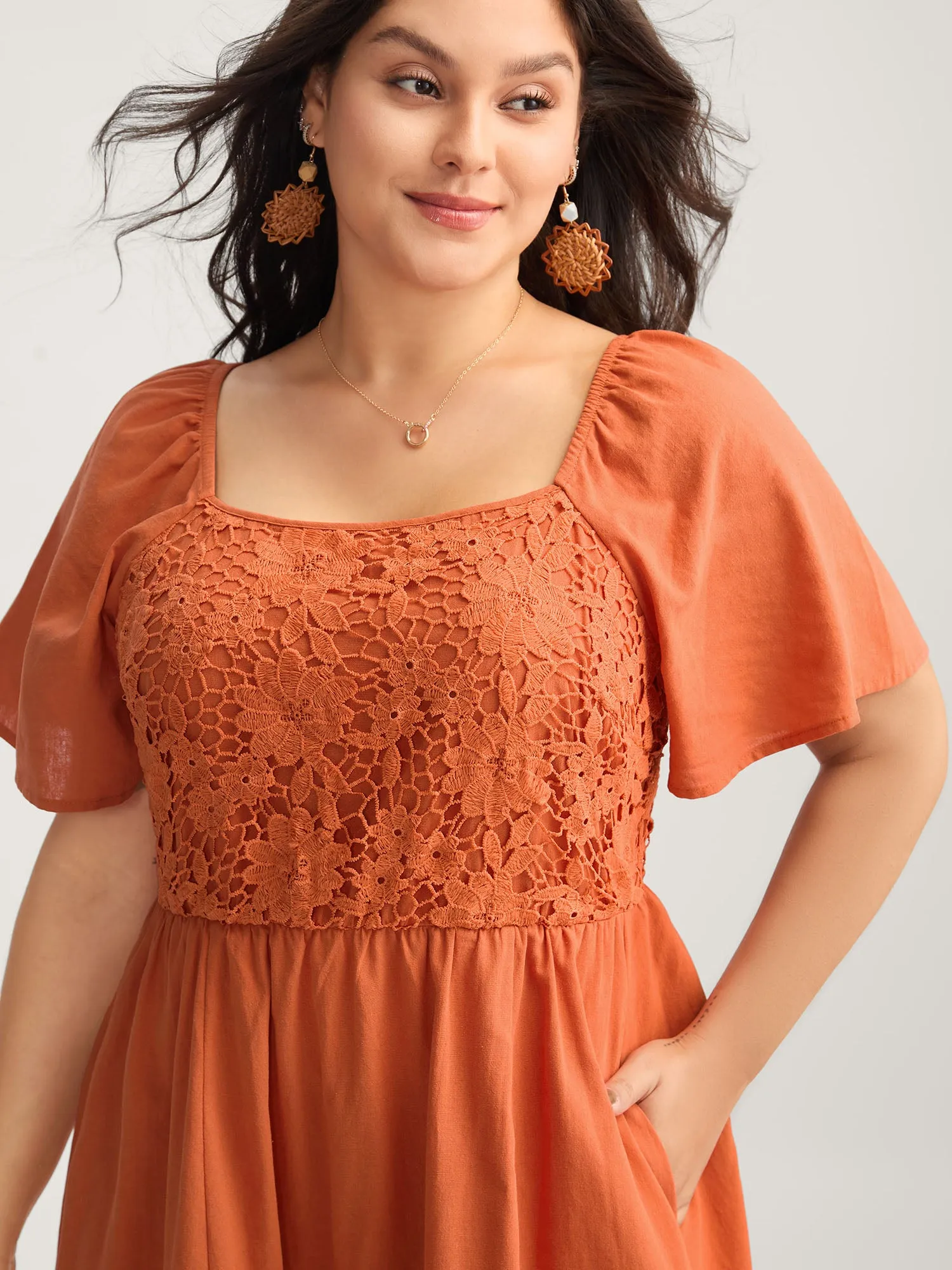 Cotton Lace Stretchy Waist Pockets Midi Dress sold by Bloomchic product image thumbnail 2