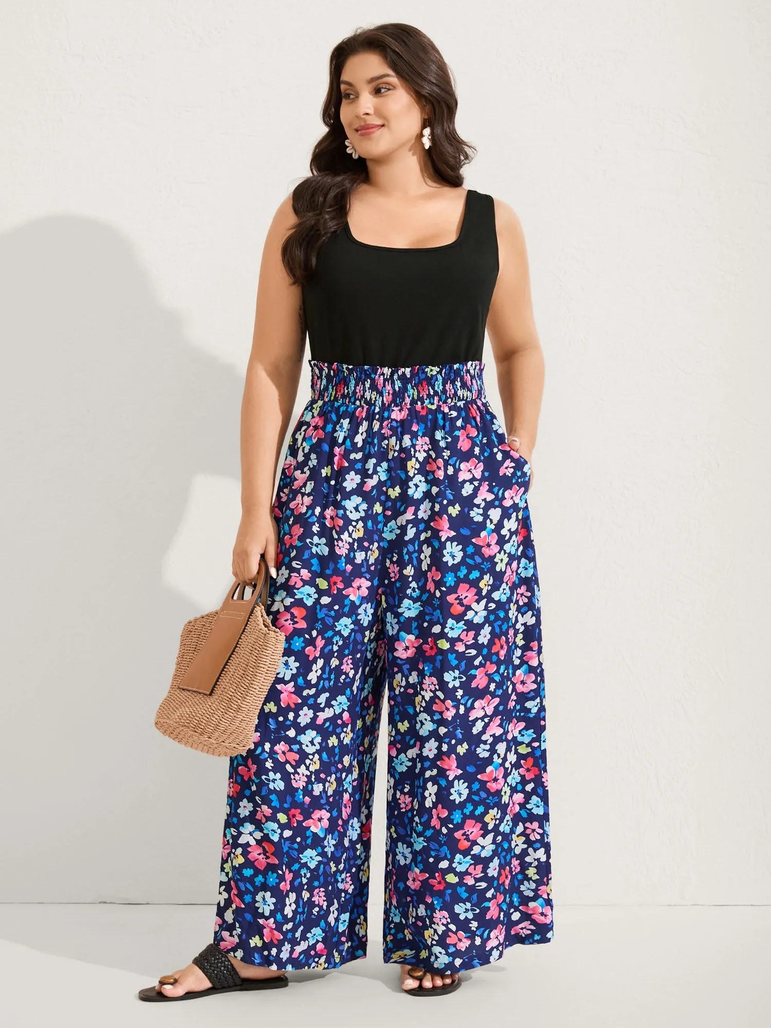 Floral Color Contrast Shirred Jumpsuit sold by Bloomchic
