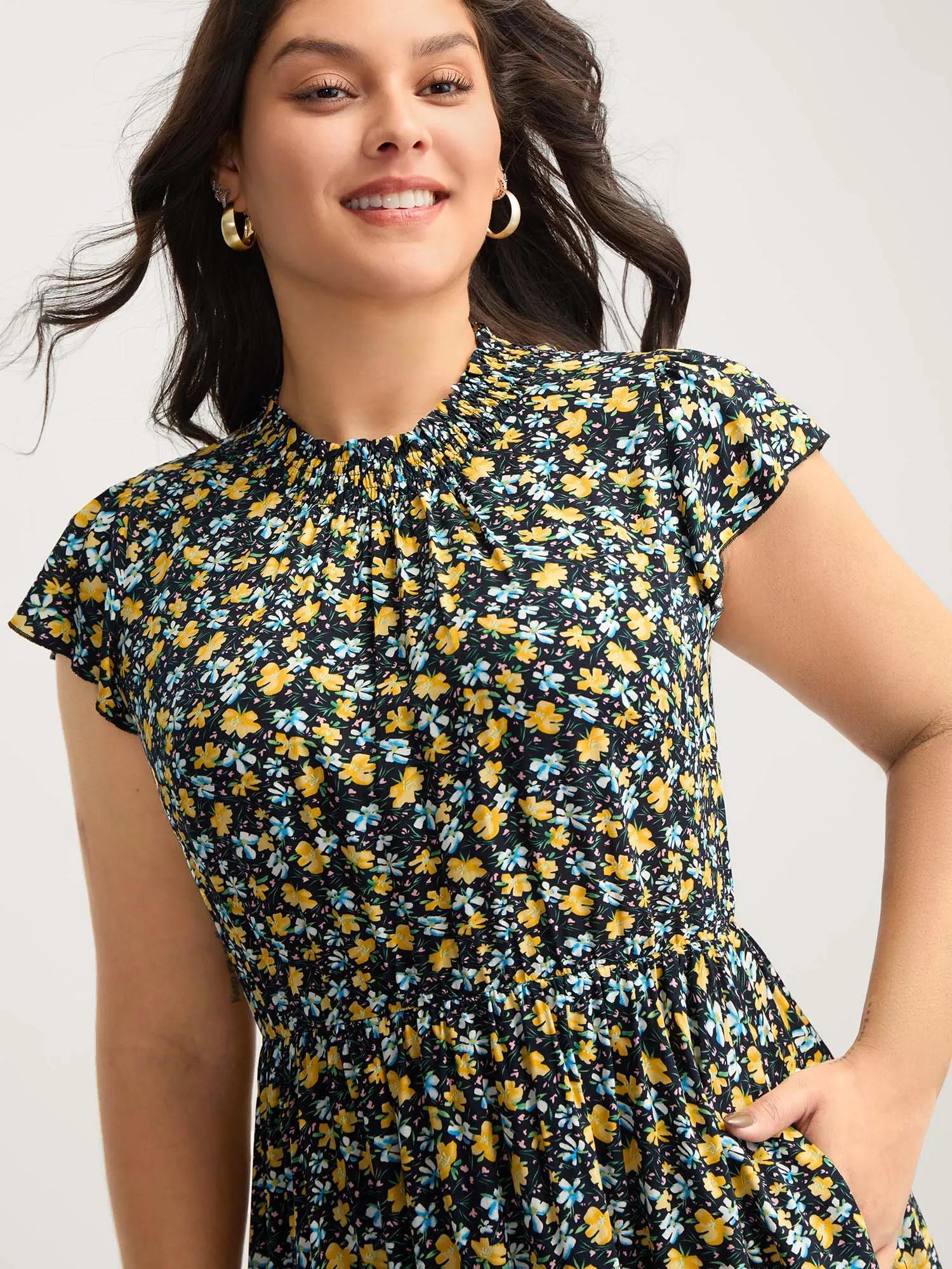 Floral Shirred Mock Neck Pockets Midi Dress sold by Bloomchic product image thumbnail 2