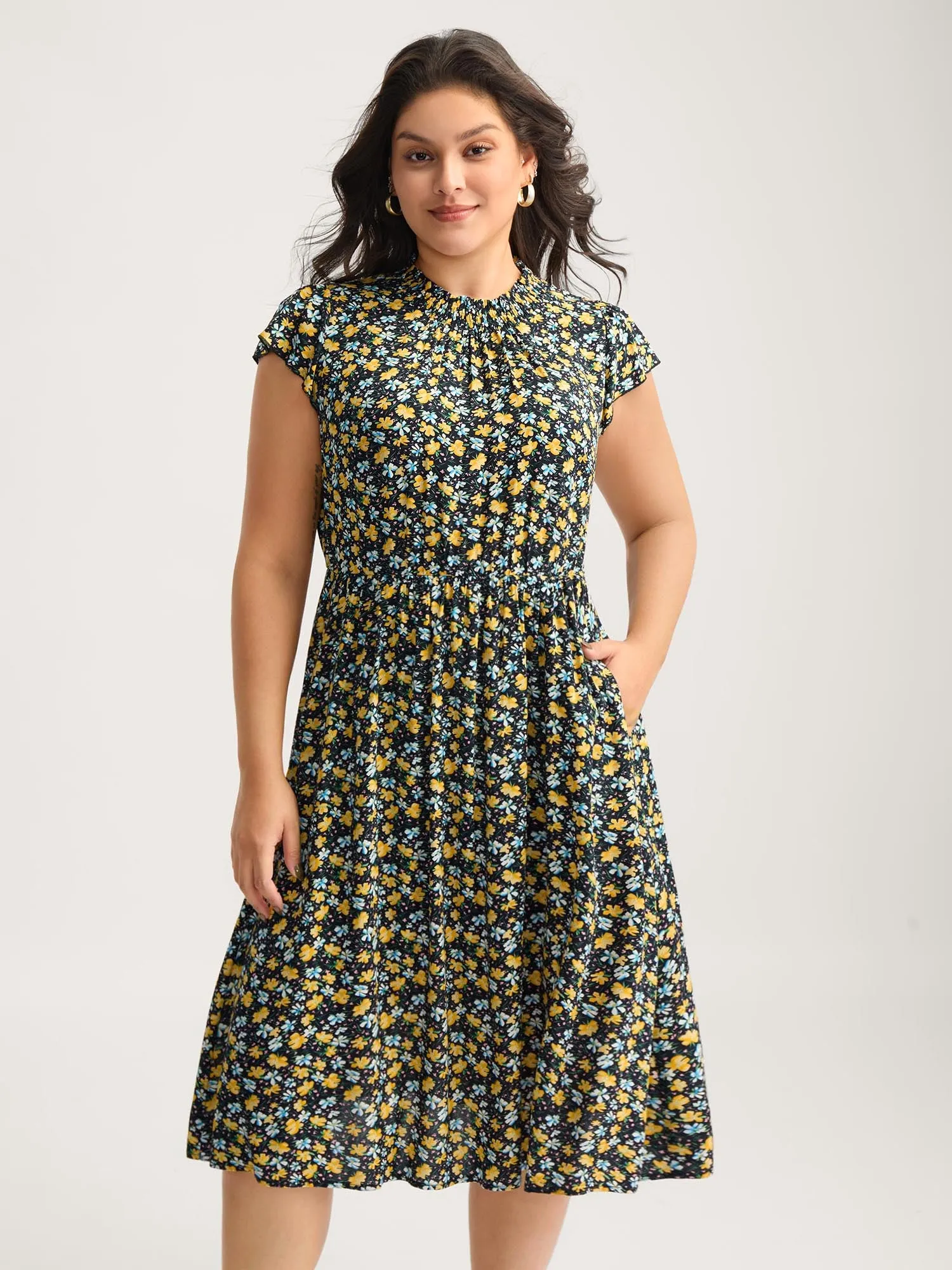 Floral Shirred Mock Neck Pockets Midi Dress sold by Bloomchic
