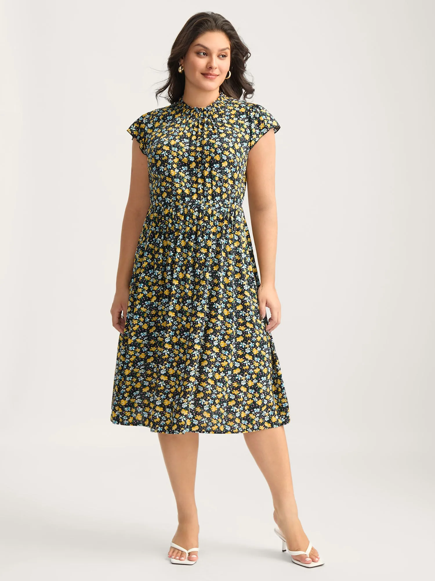 Floral Shirred Mock Neck Pockets Midi Dress sold by Bloomchic product image thumbnail 3