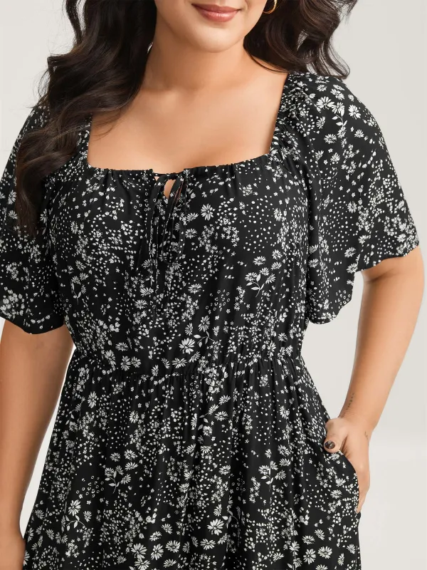 Floral Neck Drawstring Flared Sleeve Midi Dress sold by Bloomchic