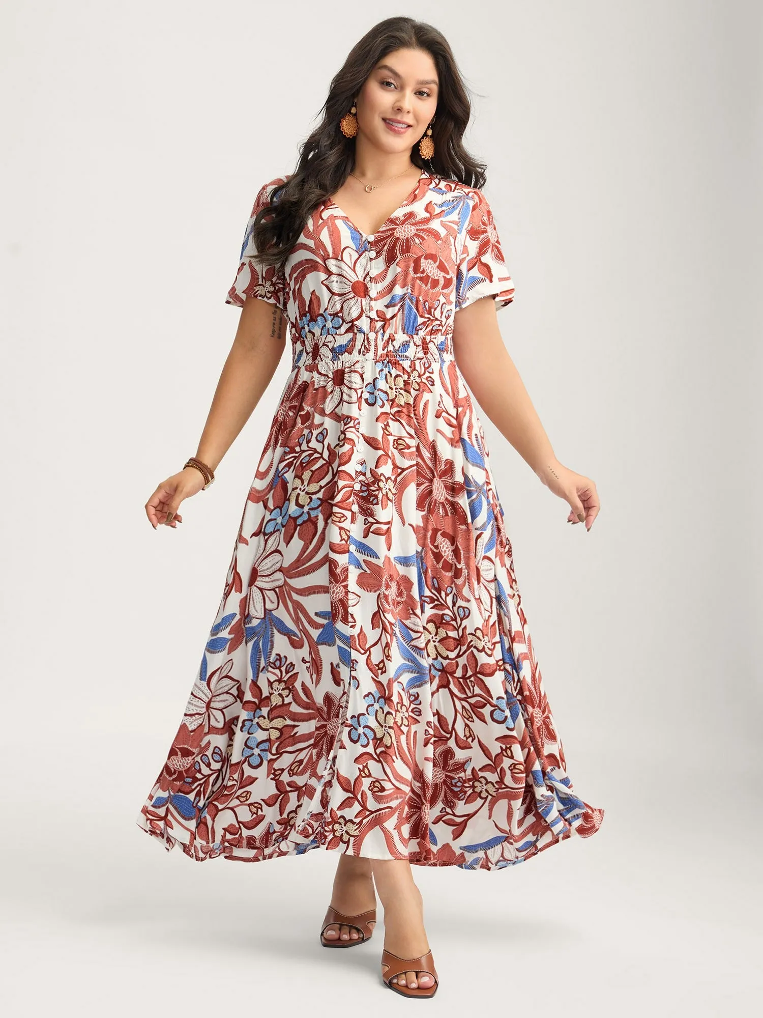 Large Floral Print Button Placket Midi Dress sold by Bloomchic product image thumbnail 3