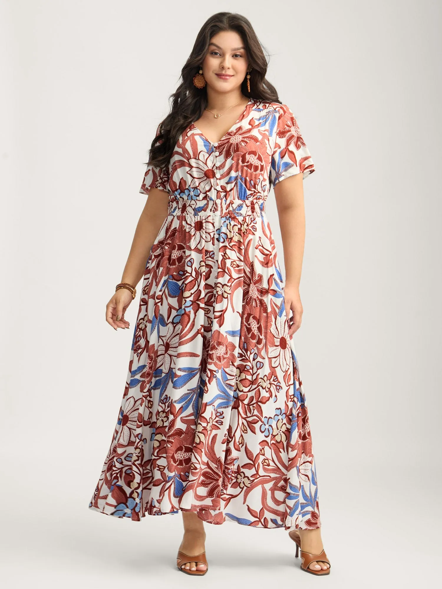 Large Floral Print Button Placket Midi Dress sold by Bloomchic