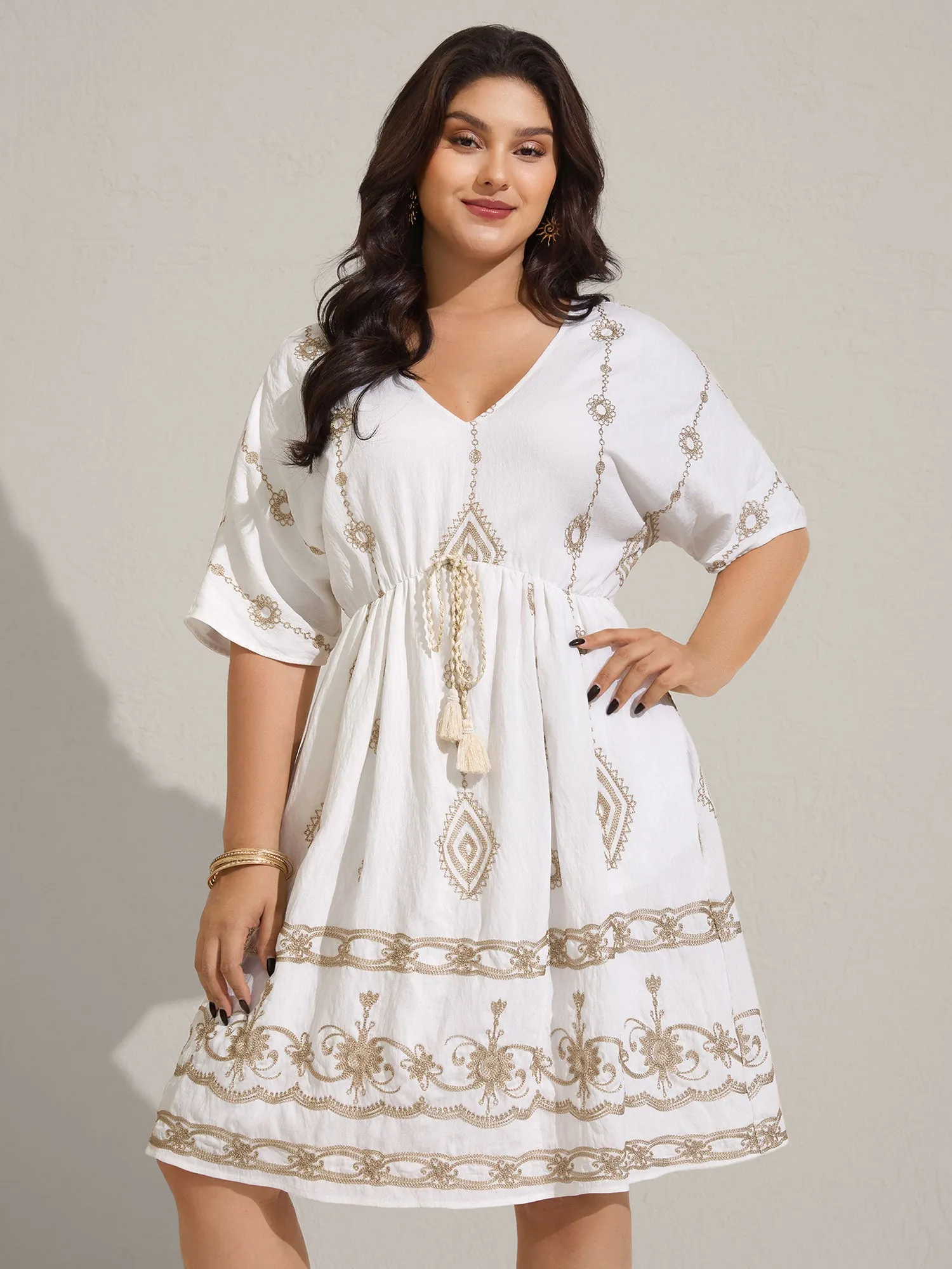 Boho Embroidered Waist Tie Midi Dress sold by Bloomchic