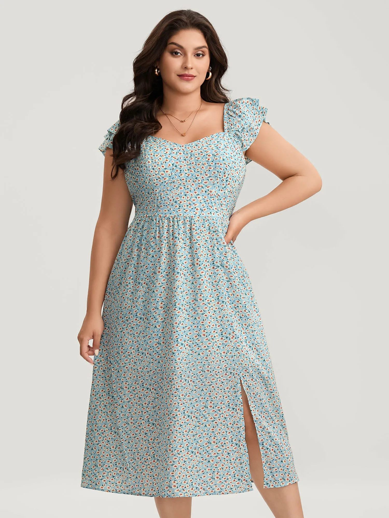 Ditsy Floral Print Layered Ruffle Midi Dress sold by Bloomchic