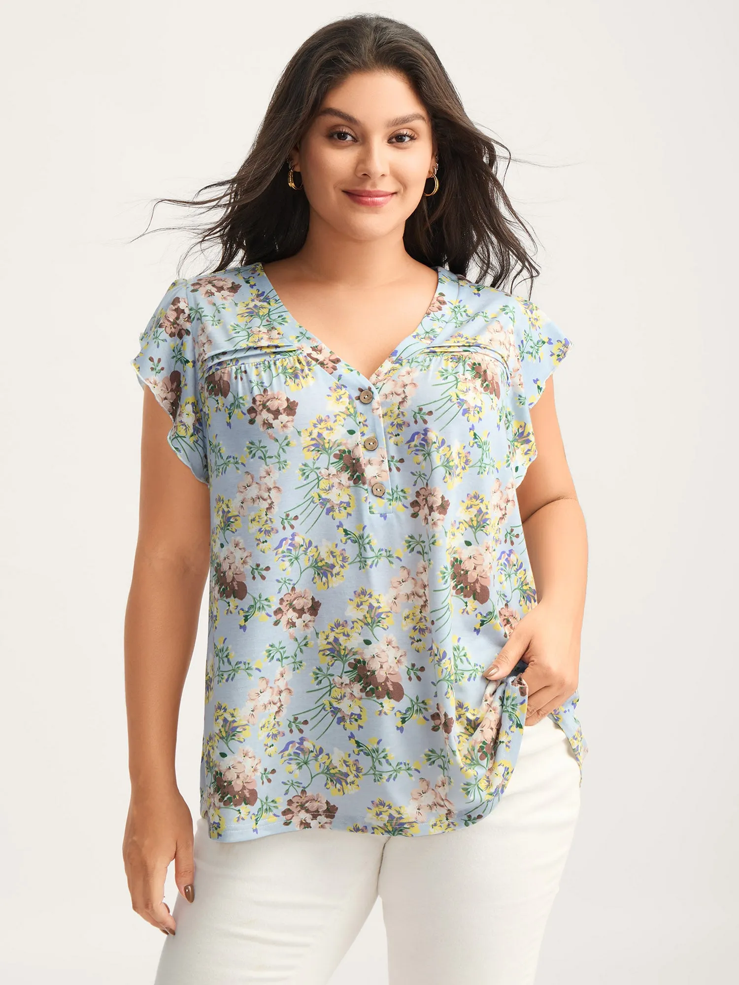 Floral Pleated Button Detail Blouse sold by Bloomchic