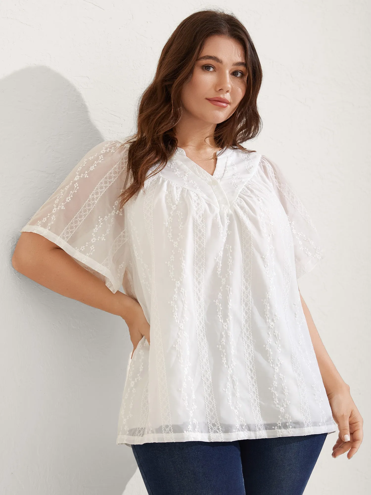 Embroidered Notched Collar Sheer Blouse sold by Bloomchic