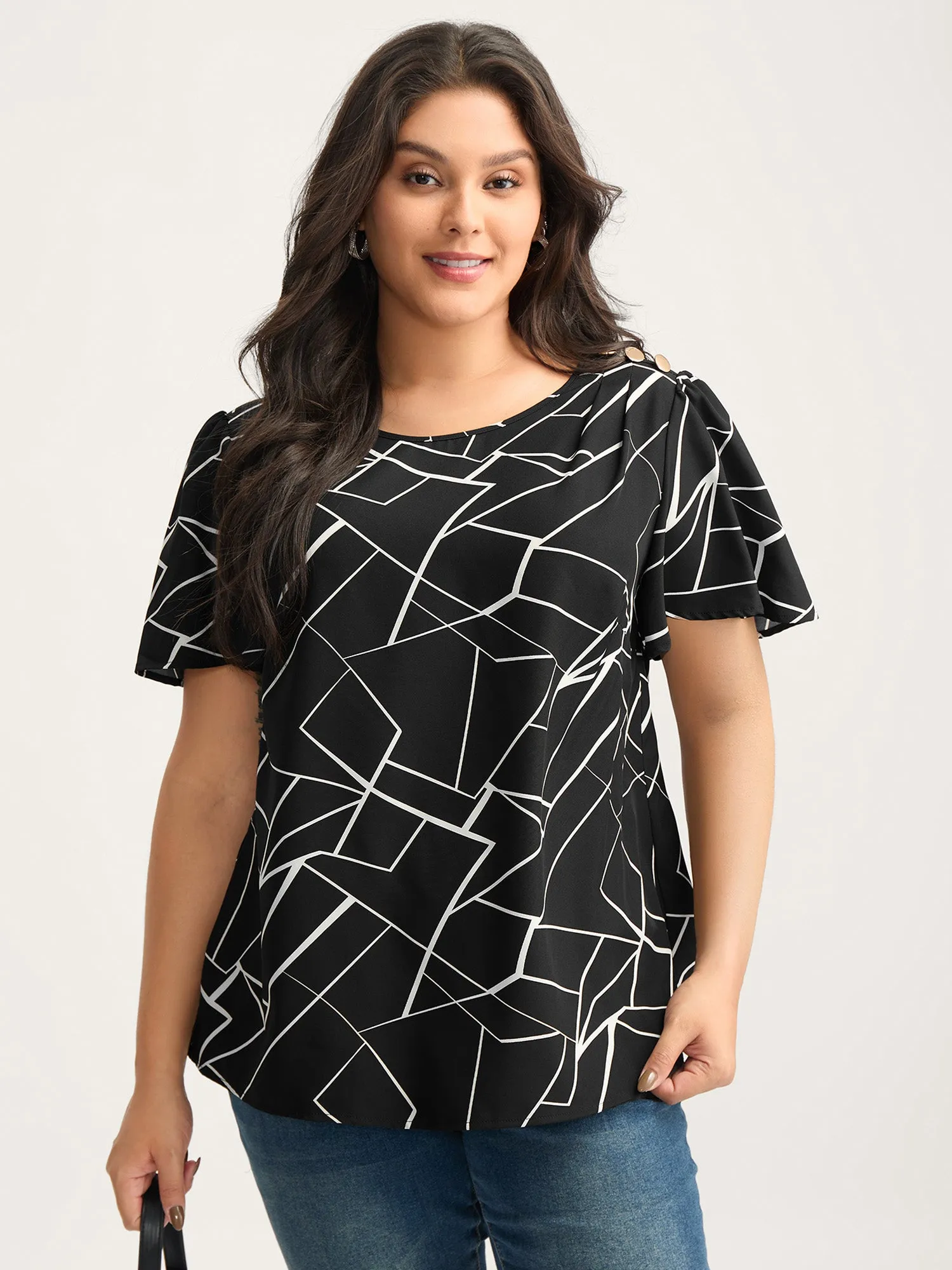 Abstract Detail Button Detail Blouse sold by Bloomchic