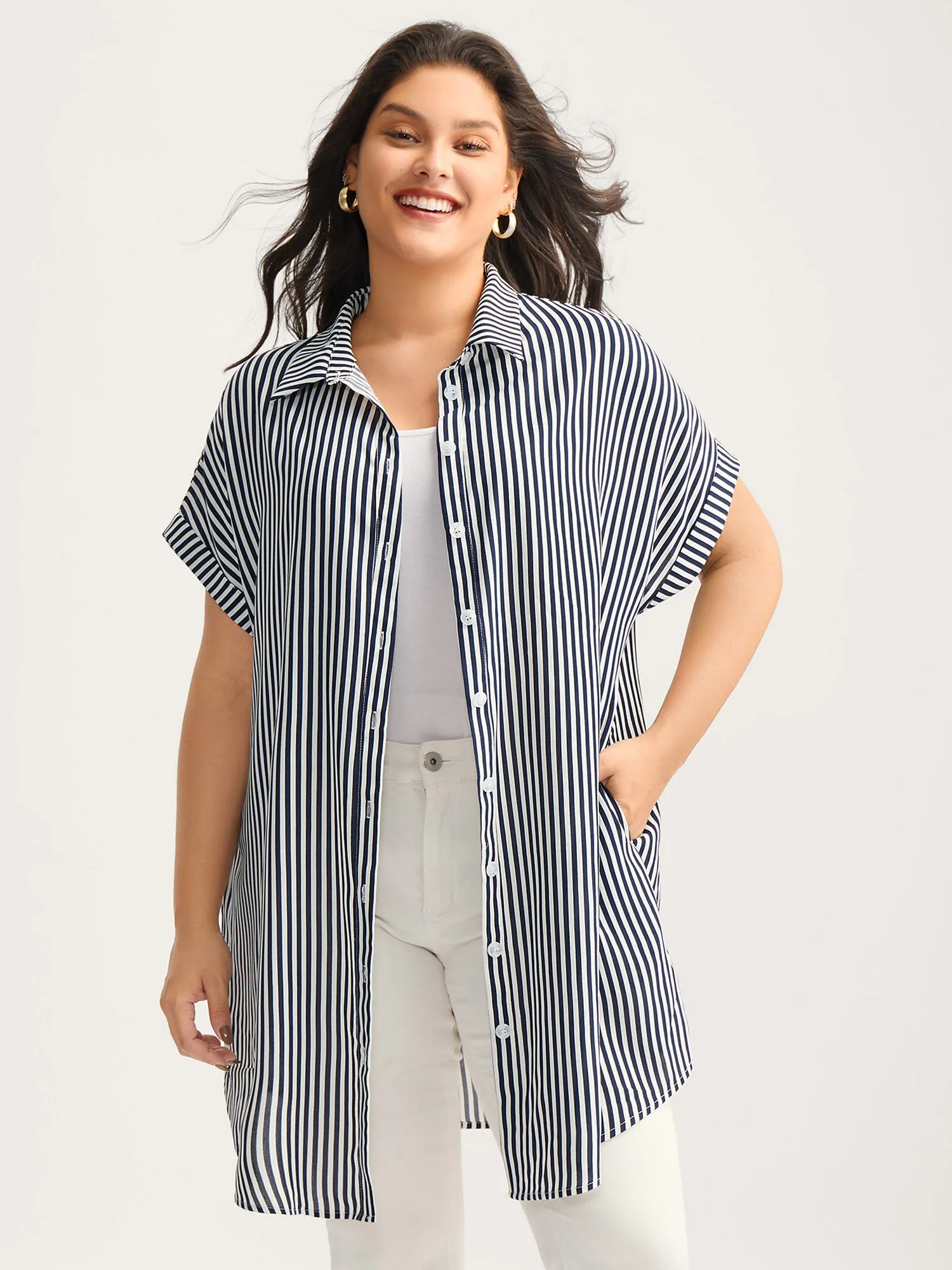 Striped Button-Front Tunic Blouse sold by Bloomchic