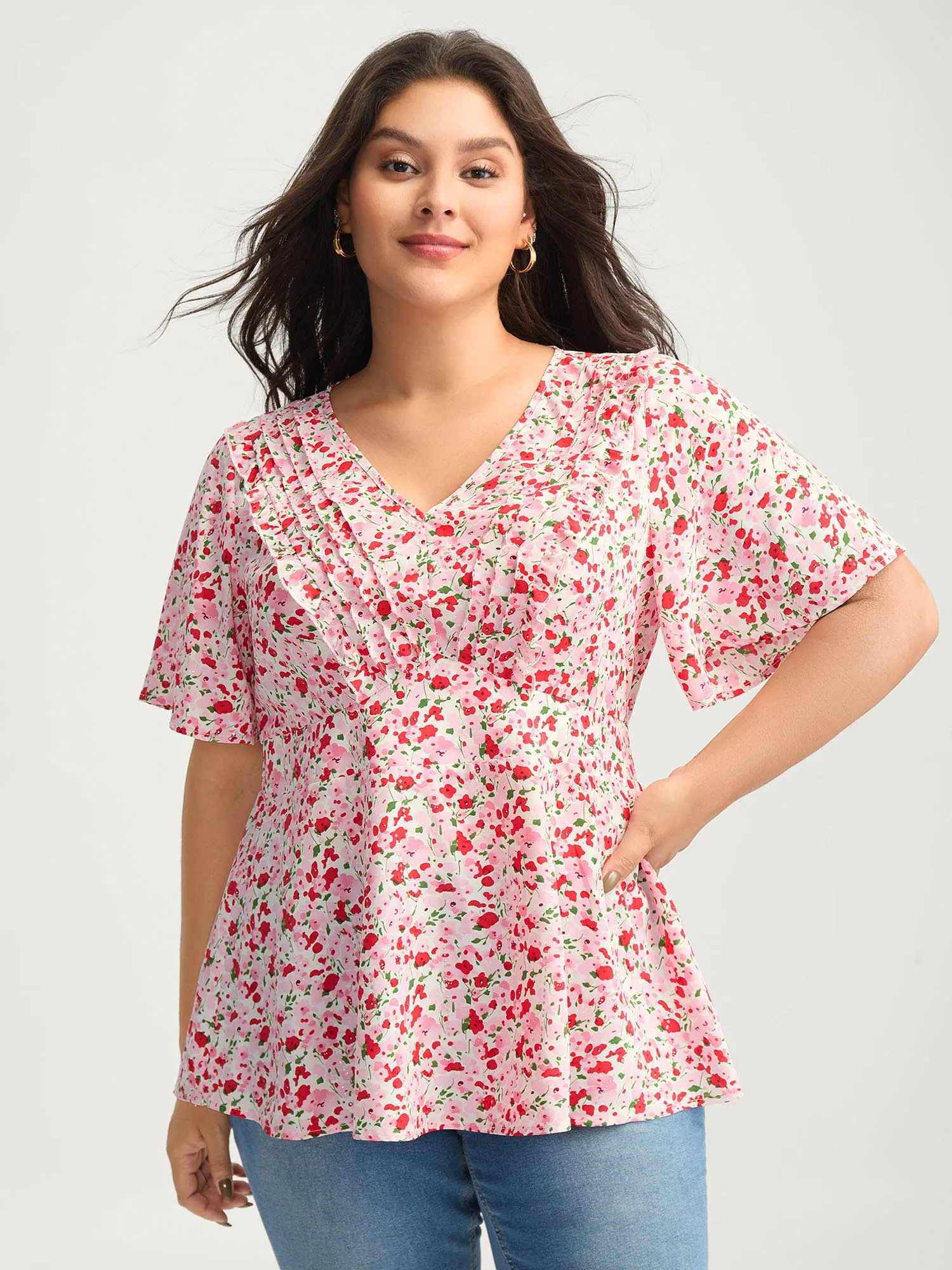 Floral Silver Stamp Shirred Waist Blouse sold by Bloomchic