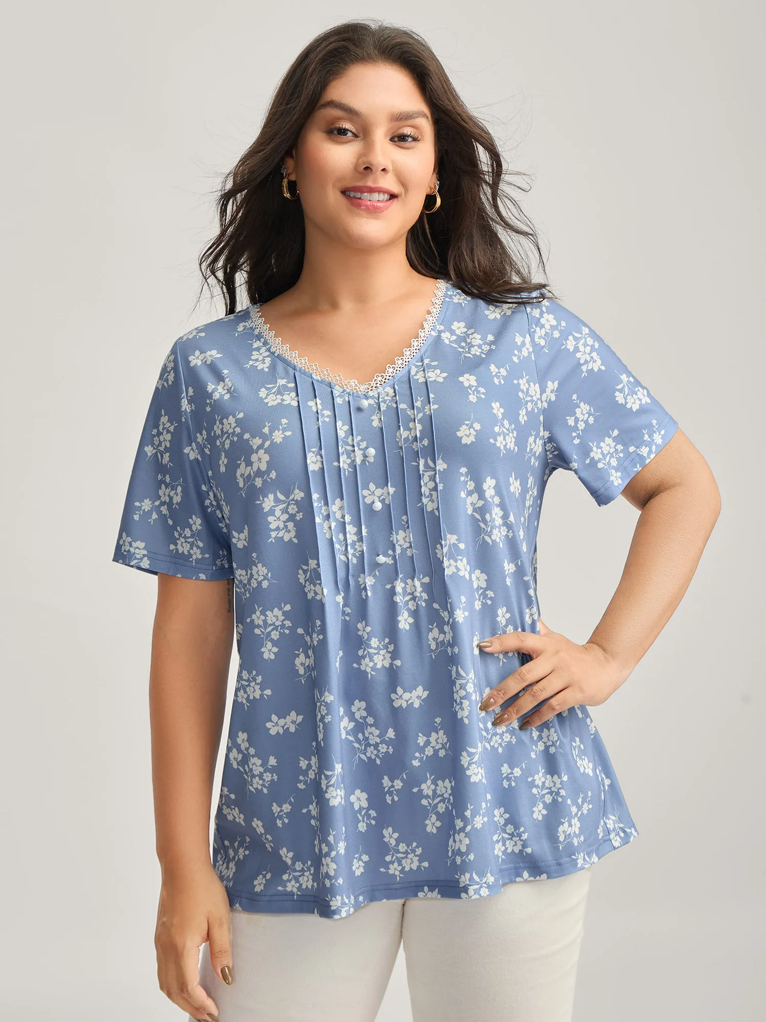 Stretchy Floral Pin Tuck Lace Top sold by Bloomchic