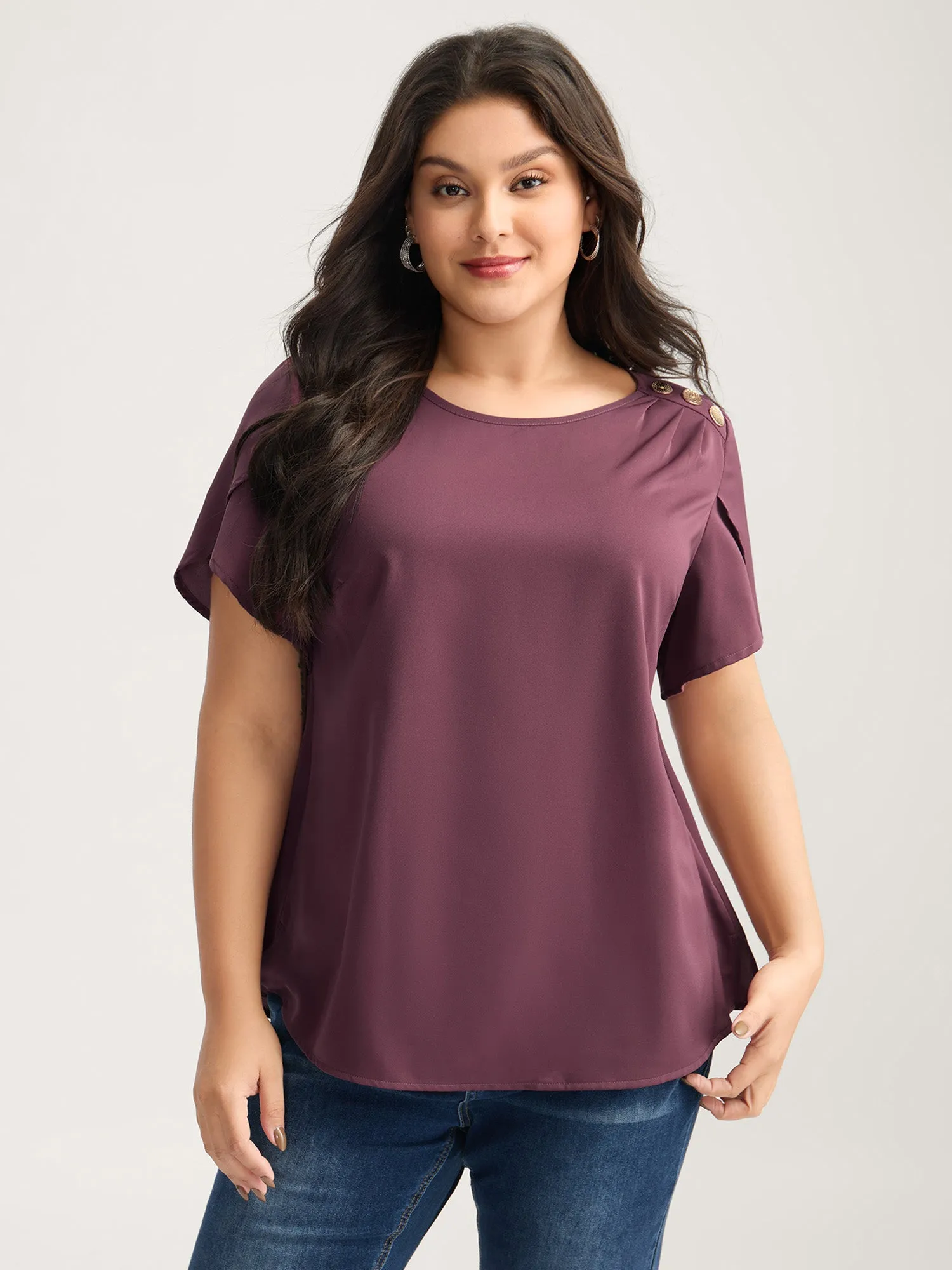 Petal Sleeve Shoulder Button Solid Blouse sold by Bloomchic product image thumbnail 2