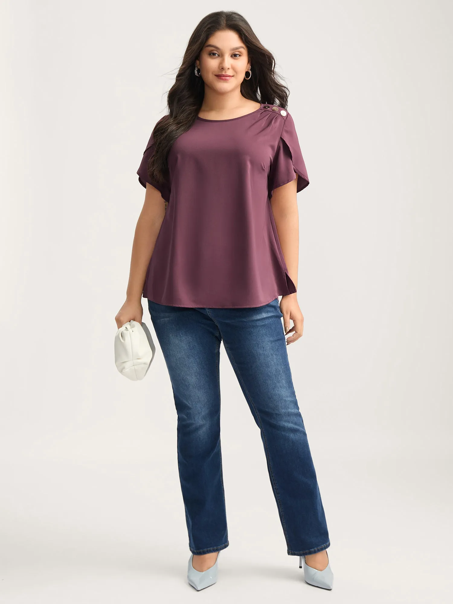Petal Sleeve Shoulder Button Solid Blouse sold by Bloomchic product image thumbnail 3