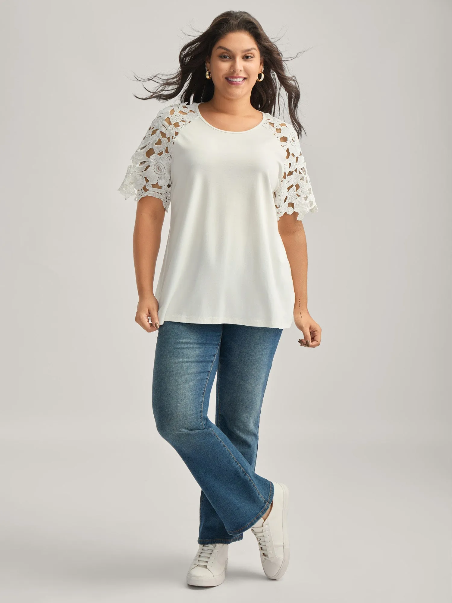 Lace Cut-Out Sleeve Solid T-Shirt sold by Bloomchic product image thumbnail 3