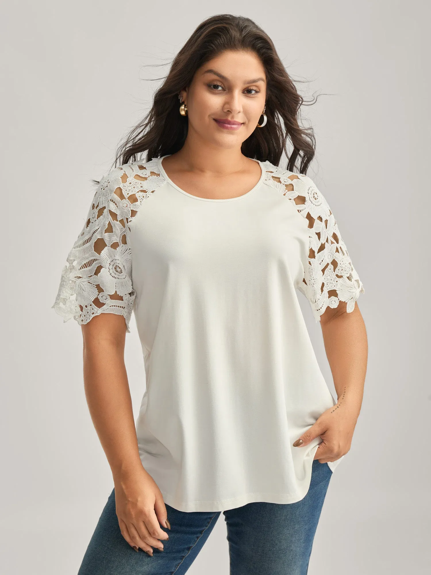 Lace Cut-Out Sleeve Solid T-Shirt sold by Bloomchic