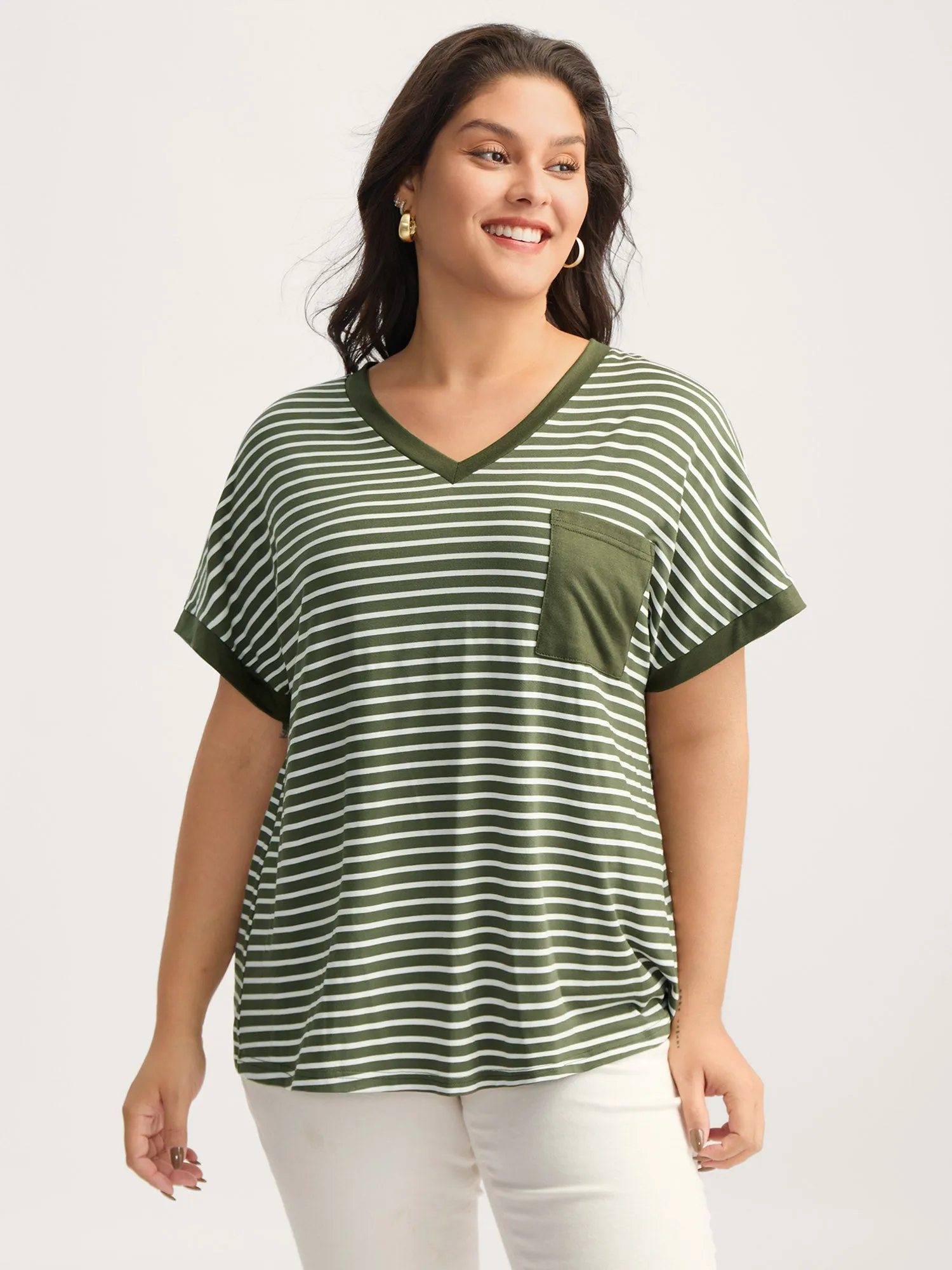Stripe Color Contrast Pockets T-Shirt sold by Bloomchic