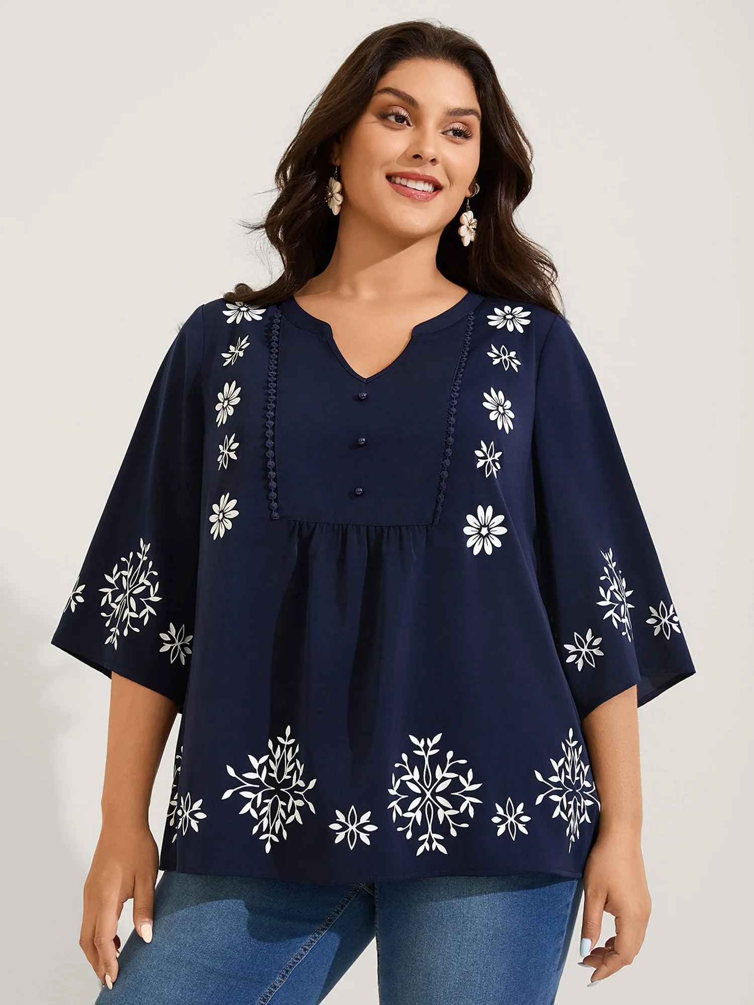 Floral Print Button Detail Solid Blouse sold by Bloomchic