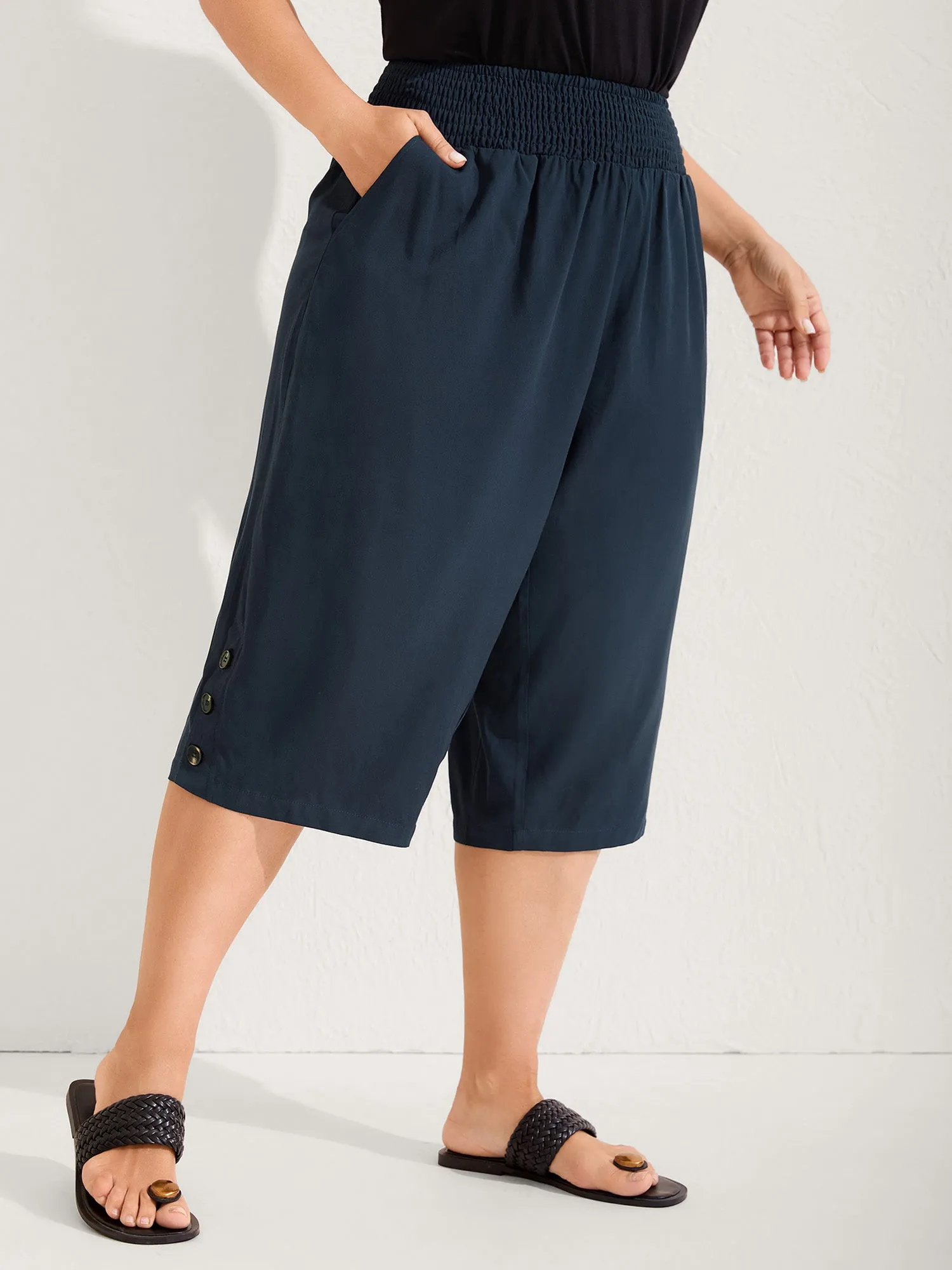Shirred Waist Solid Straight-Leg Pants sold by Bloomchic
